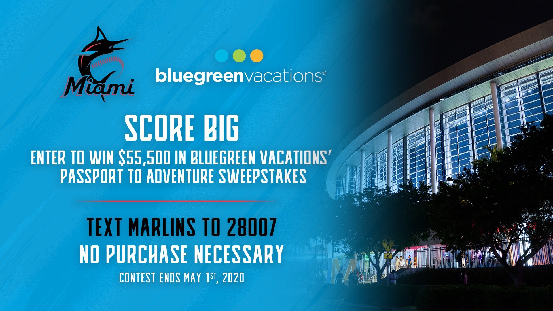 Promotional digital graphic for Miami Bluegreen Vacations contest featuring a large modern building with glass windows, and text about entering a sweepstakes by texting MARLINS to 28007, ending on May 1st, 2020.