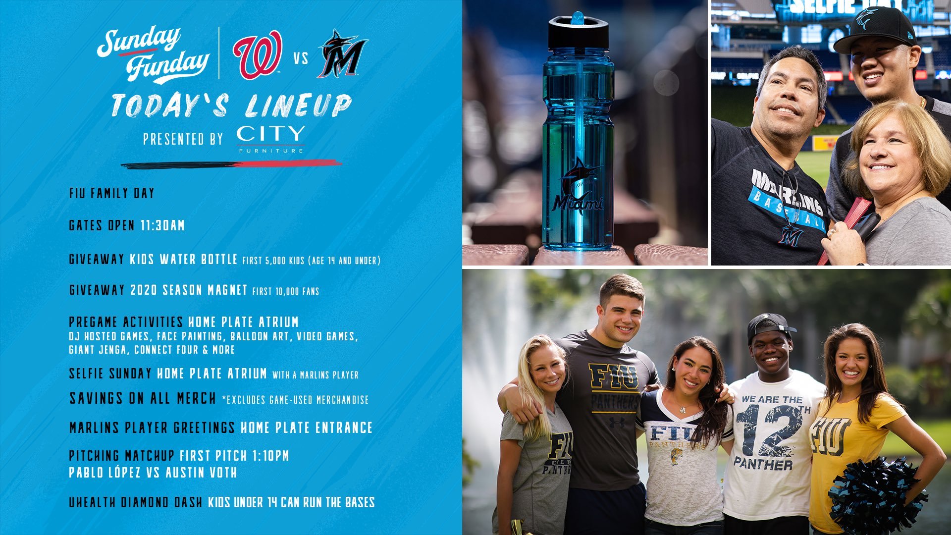 Event poster for a Miami Marlins baseball game featuring a lineup of activities including giveaways, preludes, and cheerleader performance, with images of fans, a water bottle, and team members.