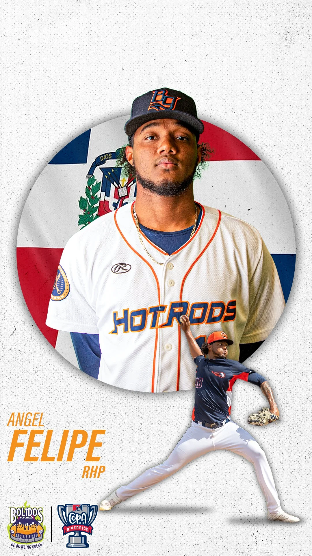 Digital artwork of Angel Felipe, a baseball player, in a Hot Rods team jersey and cap, with a Dominican flag background and logos of Bolidos de Bowling Green and Cap Erik Diversion.