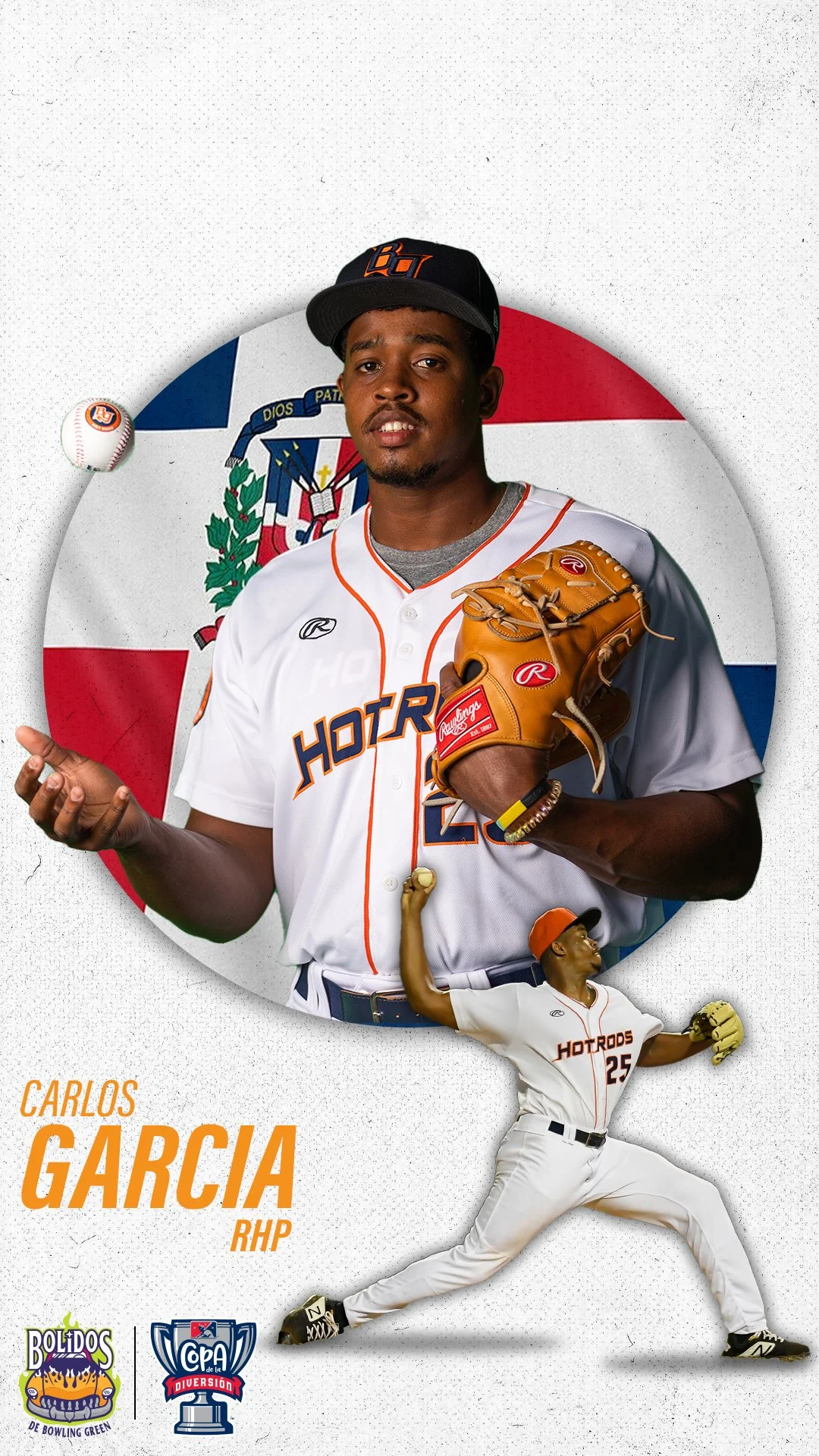 Photograph of Carlos Garcia in a baseball uniform, holding a glove, with a Dominican Republic flag in the background and two team logos at the bottom, including one of the Bolidos de Bowling Green.