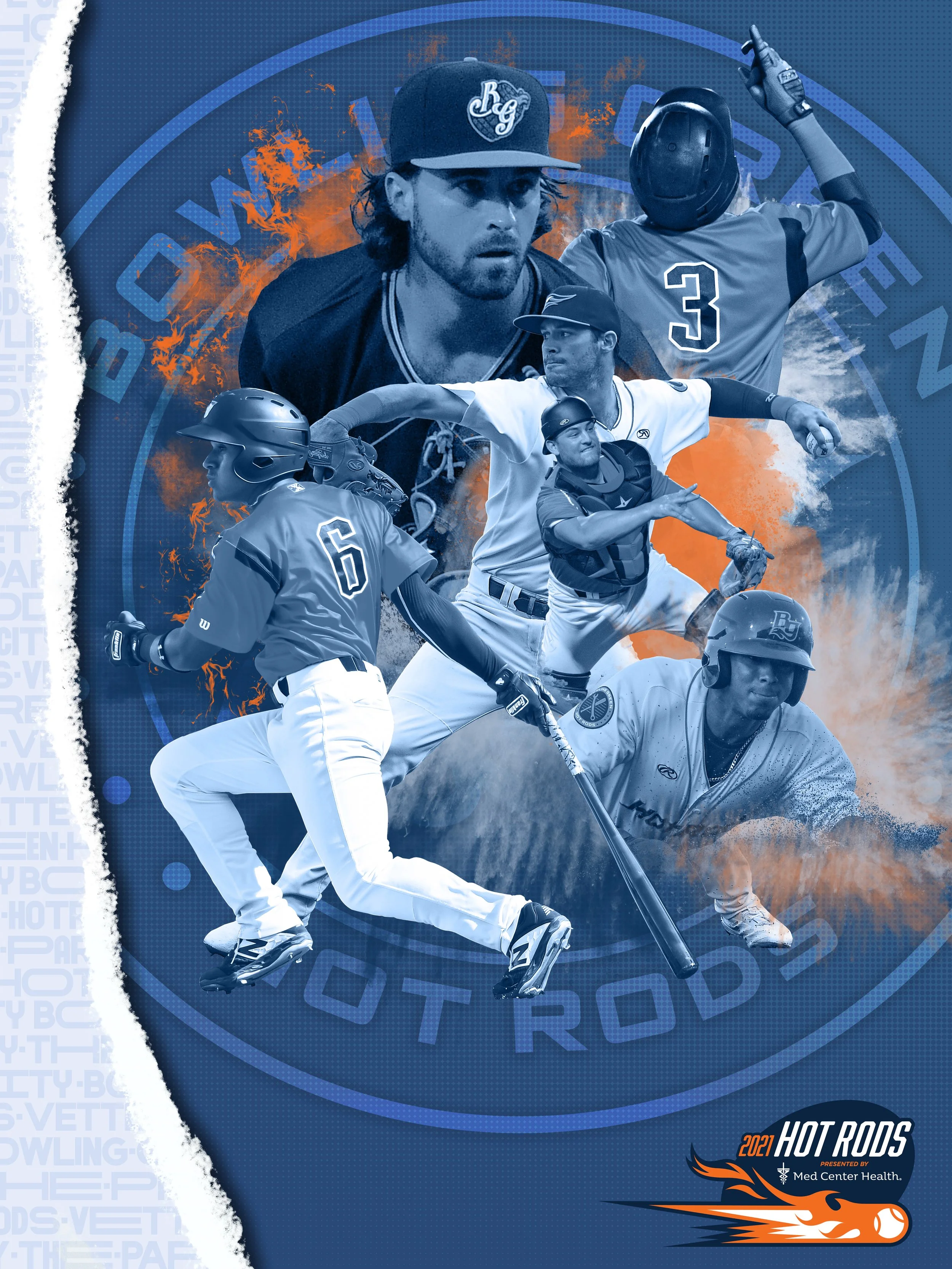 Collage of baseball players and a coach from the 2021 Hot Rods team, including action shots of batting, pitching, and running, with team logo and branding.