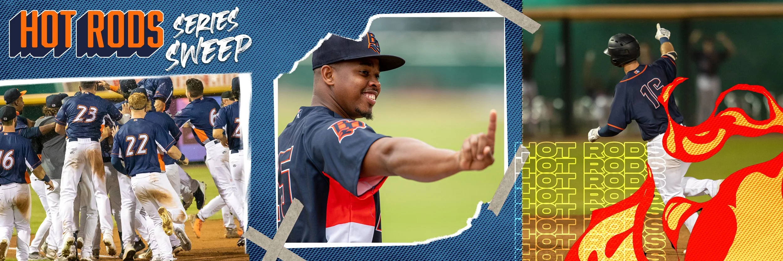 Collage of baseball players celebrating on the field, a smiling player in a jersey giving a thumbs-up, and a player running with a fiery red and yellow graphic overlay. Text reads 'Hot Rods Series Sweep' and 'Hot Rods'.