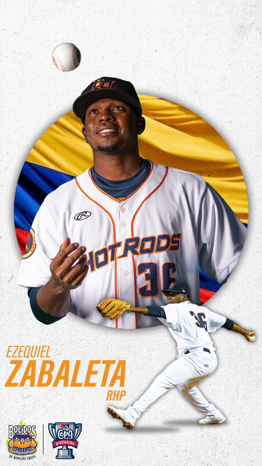 A portrait of Ezequiel Zabaleta, a right-handed pitcher for the Bowlin Green Bolidos baseball team, wearing a white jersey with orange and navy accents, and a black cap with orange lettering, against a backdrop of yellow, blue, and red. A smaller act