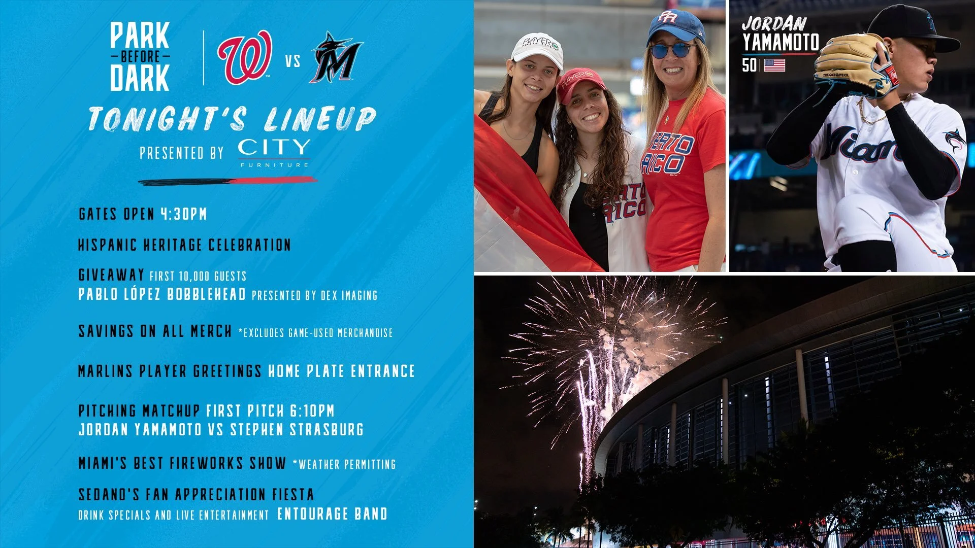 Schedule of a baseball game event with images of smiling women, a female baseball player, fireworks, and an exterior stadium view