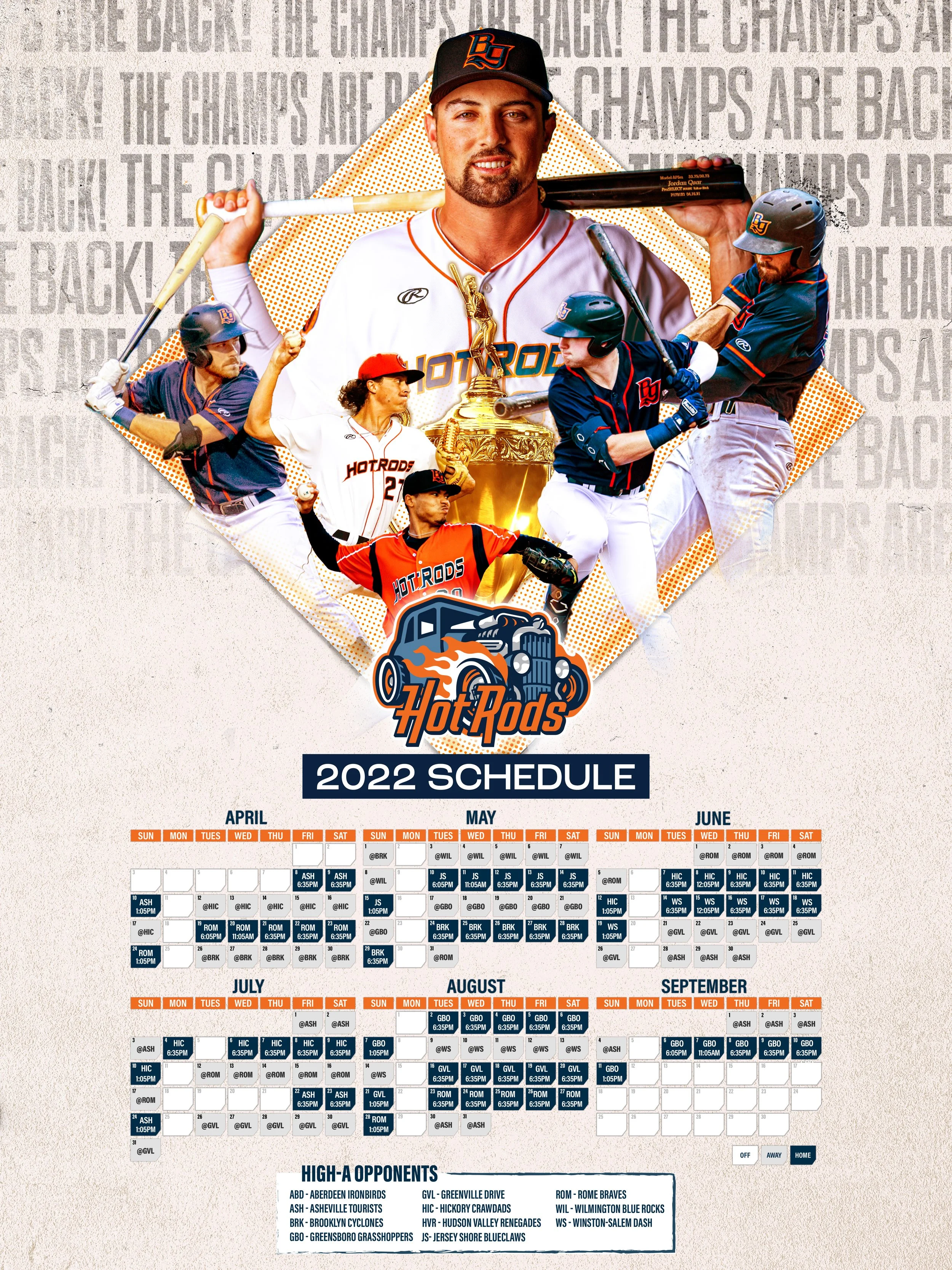 The image features a collage of baseball players in Hot Rods uniforms, a large portrait of a player in a white jersey and black cap with an orange logo, a Hot Rods trophy, and a stylized truck logo with flames. The background displays repeated text s