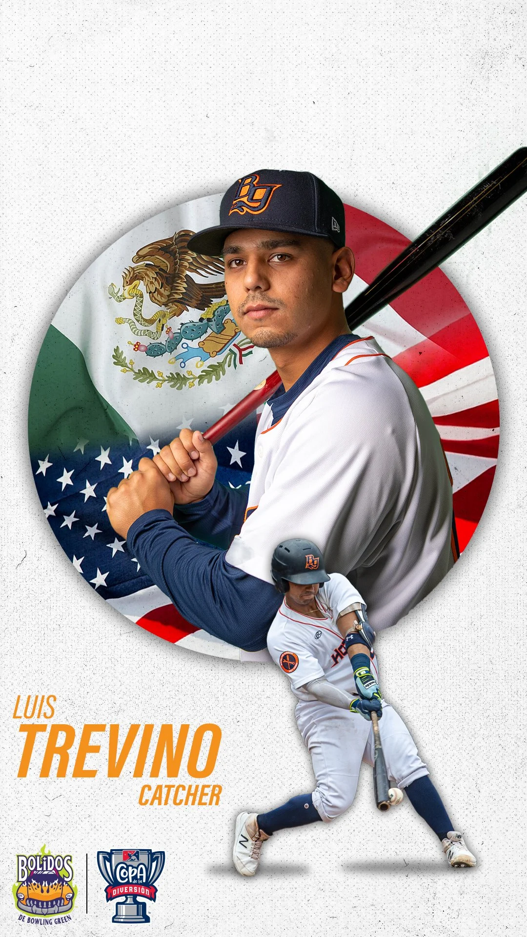 A baseball player in a white and blue uniform holding a bat, with a Mexican flag in the background. The player is wearing a black cap with an orange logo, and has a smaller action shot of him batting at the bottom left. The text reads "Luis Trevino C