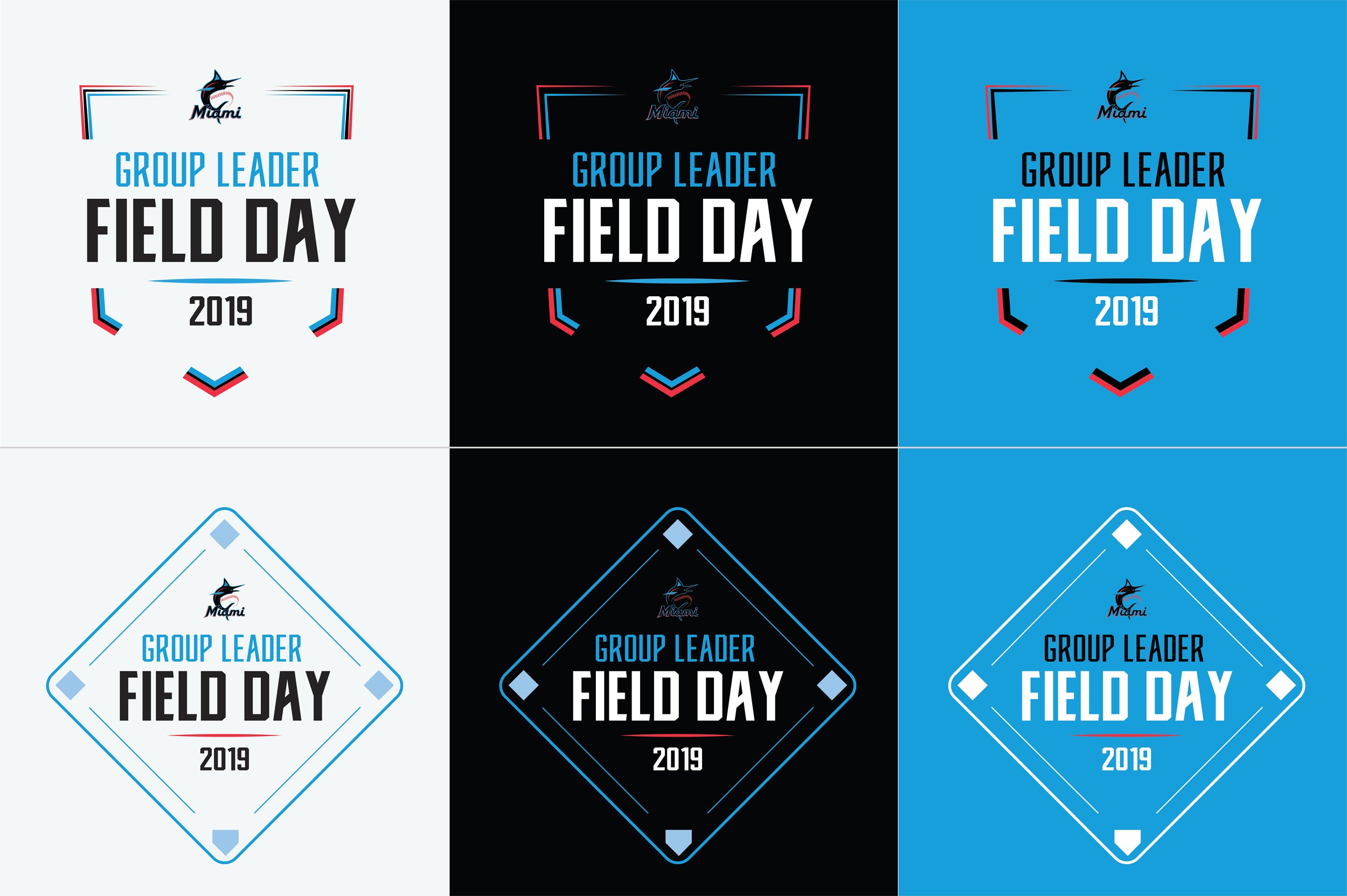 Six variations of a graphic design for 'Group Leader Field Day 2019' with a Miami logo at the top. The designs include different background colors: white, black, and blue, and different geometric border styles, with the text in blue, black, and white