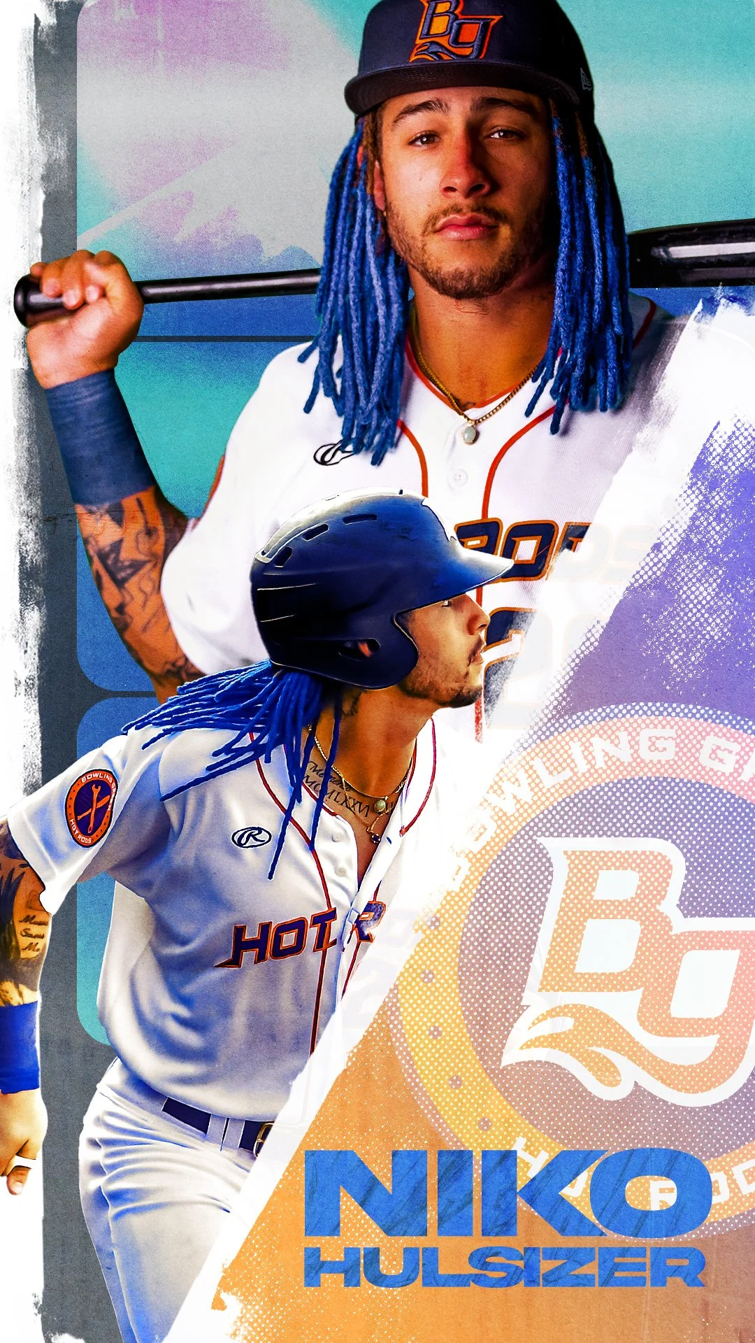 Montage of Niko Hulsizer in his baseball uniform with the team logo, wearing a helmet and holding a bat, with his name displayed at the bottom.