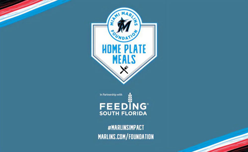 Miami Marlins Foundation logo with 'Home Plate Meals' text, partnership with Feeding South Florida, and a hashtag #MarlinsImpact at the bottom.