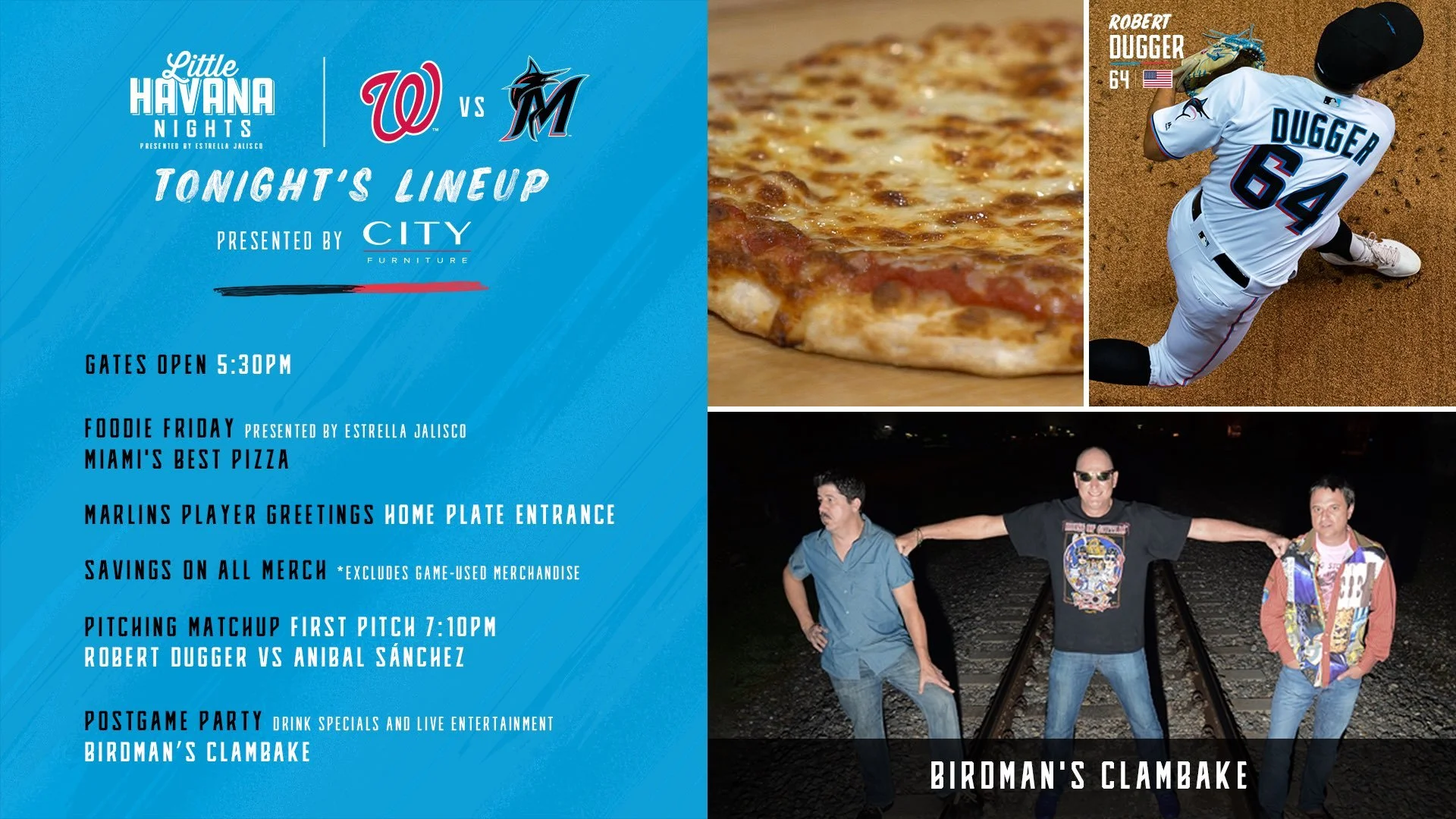 A digital flyer for a baseball game between Washington Nationals and Miami Marlins, featuring a pizza picture, a player in a Marlins uniform, and a photo of three men from Birdman's Clamake band at night.