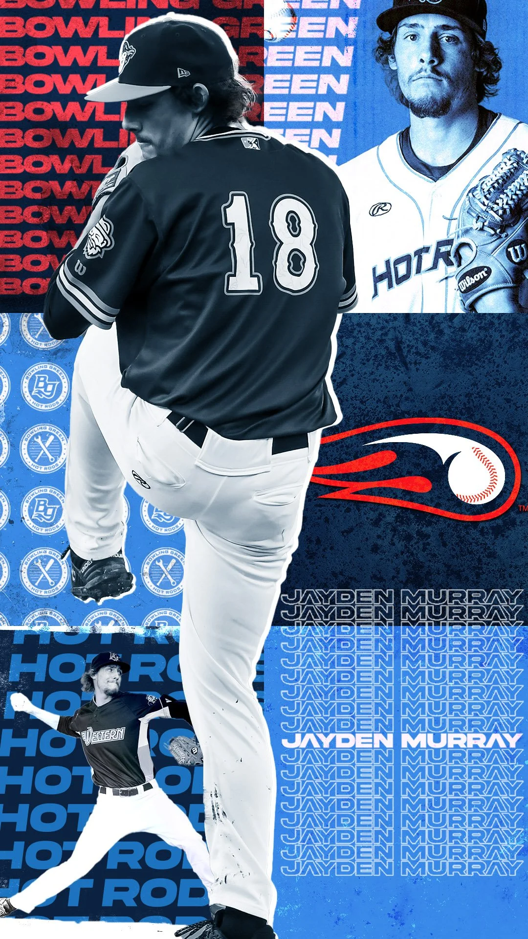An illustration featuring a baseball player from the team Hot Rods wearing a dark jersey with the number 18, and two additional images of players, one in a white uniform and another in a black uniform, with background patterns of repeated 'Hot Rods' 