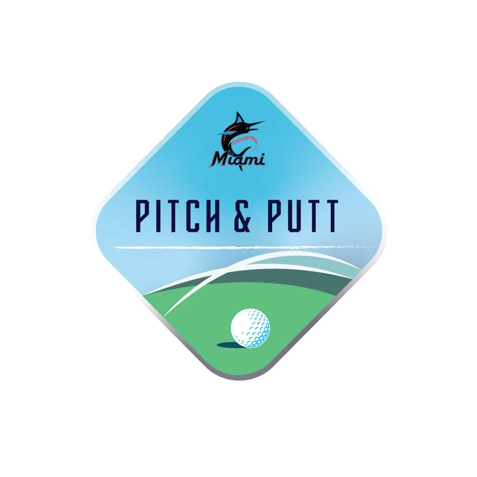 Logo for Miami Pitch & Putt featuring a marlin fish, a golf ball, and rolling hills on a diamond-shaped background.