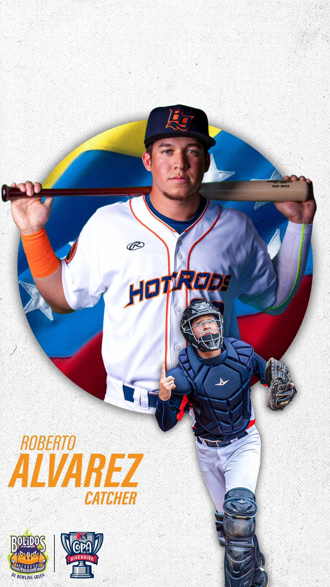 Young male baseball player holding a baseball bat over his shoulders, wearing a white jersey tied with orange, with 'Hot Rods' on the front, and a black cap with orange and blue initials, standing in front of a baseball-themed background. The poster 
