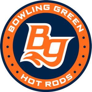 Bowling Green Hot Rods logo with a dark navy blue background, orange border, and white and orange text that says 'Bowling Green Hot Rods' and features a stylized 'BG' in the center.