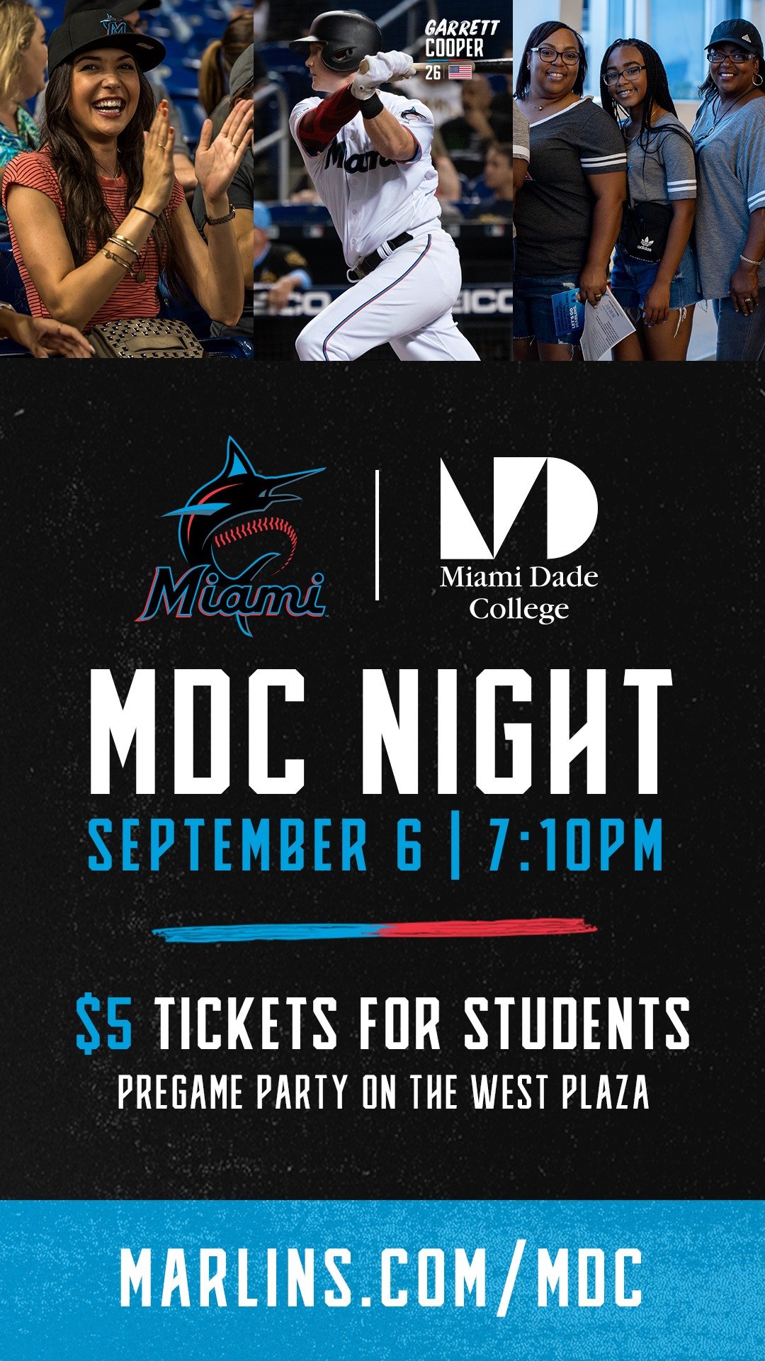A promotional poster for Miami Dade College MDC Night event featuring an image of a woman clapping, a baseball player swinging, and a group of three women smiling. The event is scheduled for September 6 at 7:10 PM with $5 tickets for students, and in