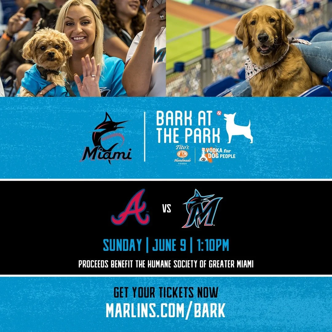 Two photos of dogs at a baseball game, one being held by a woman and the other sitting in the stands. The event is called 'Bark at the Park' in Miami, benefiting the Humane Society of Greater Miami. Includes team logos, date and time of the game, and