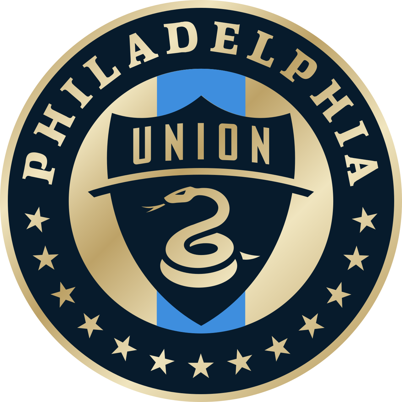 A circular emblem with the words 'Philadelphia' around the top, a shield in the center with the word 'Union' at the top and a snake below it.