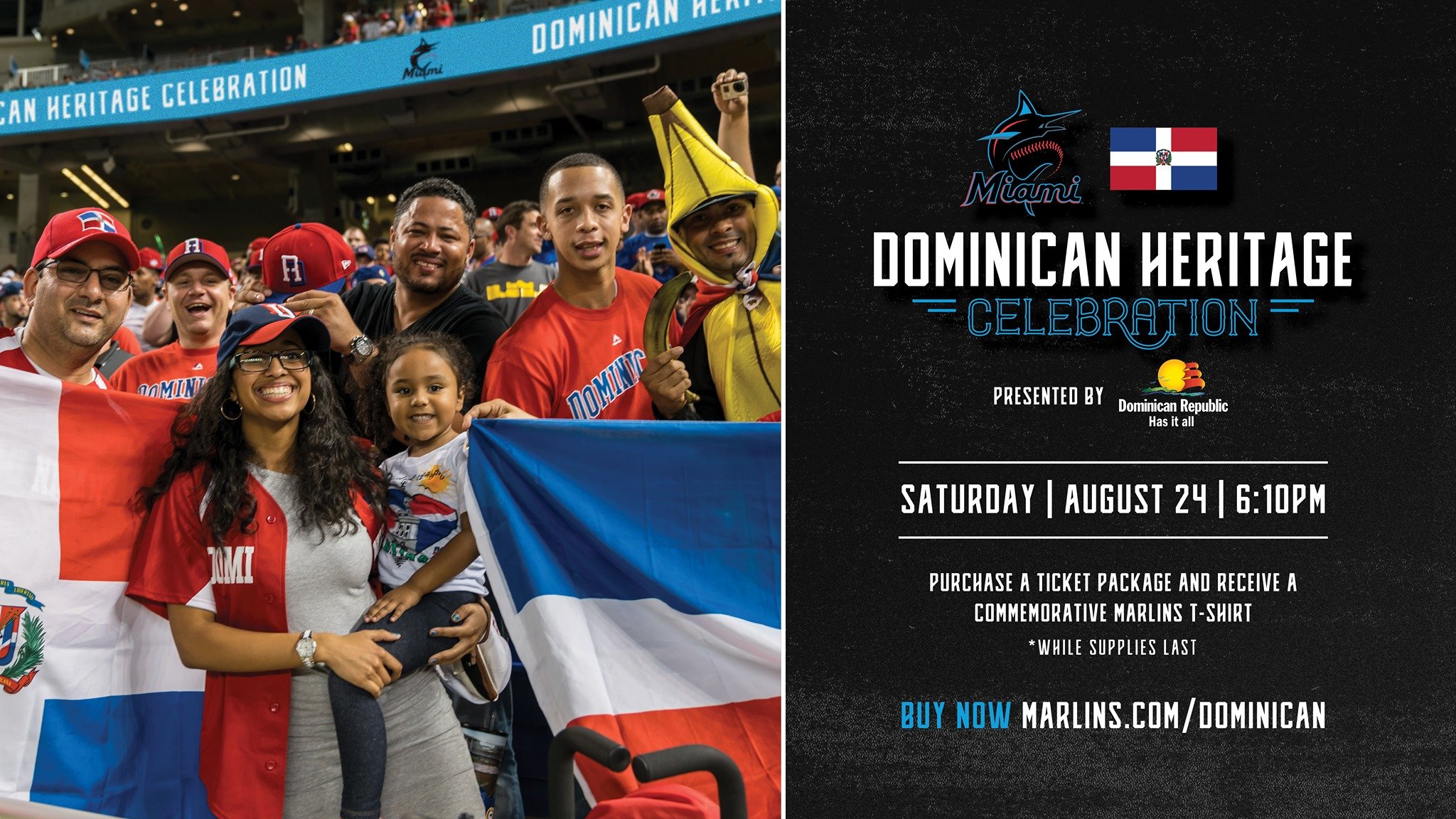 Group of people at a sports event celebrating Dominican Heritage, some wearing Dominican Republic team gear, holding a Dominican flag, and smiling.