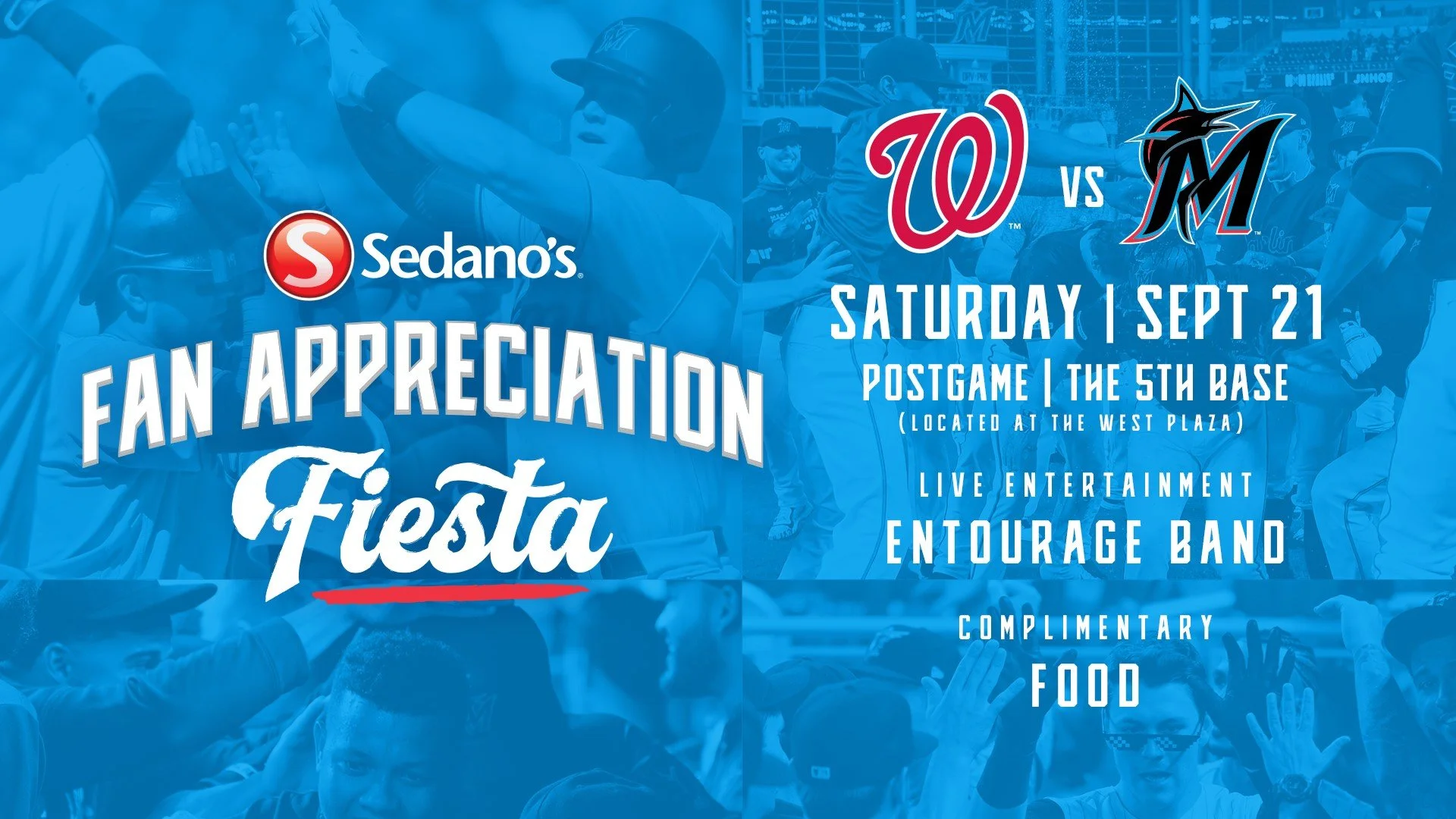 A promotional poster for a Fan Appreciation Fiesta baseball game between Washington Nationals and Miami Marlins, taking place on Saturday, September 21, at Postgame at the 5th Base near the West Plaza. Features live entertainment by the Entourage Ban