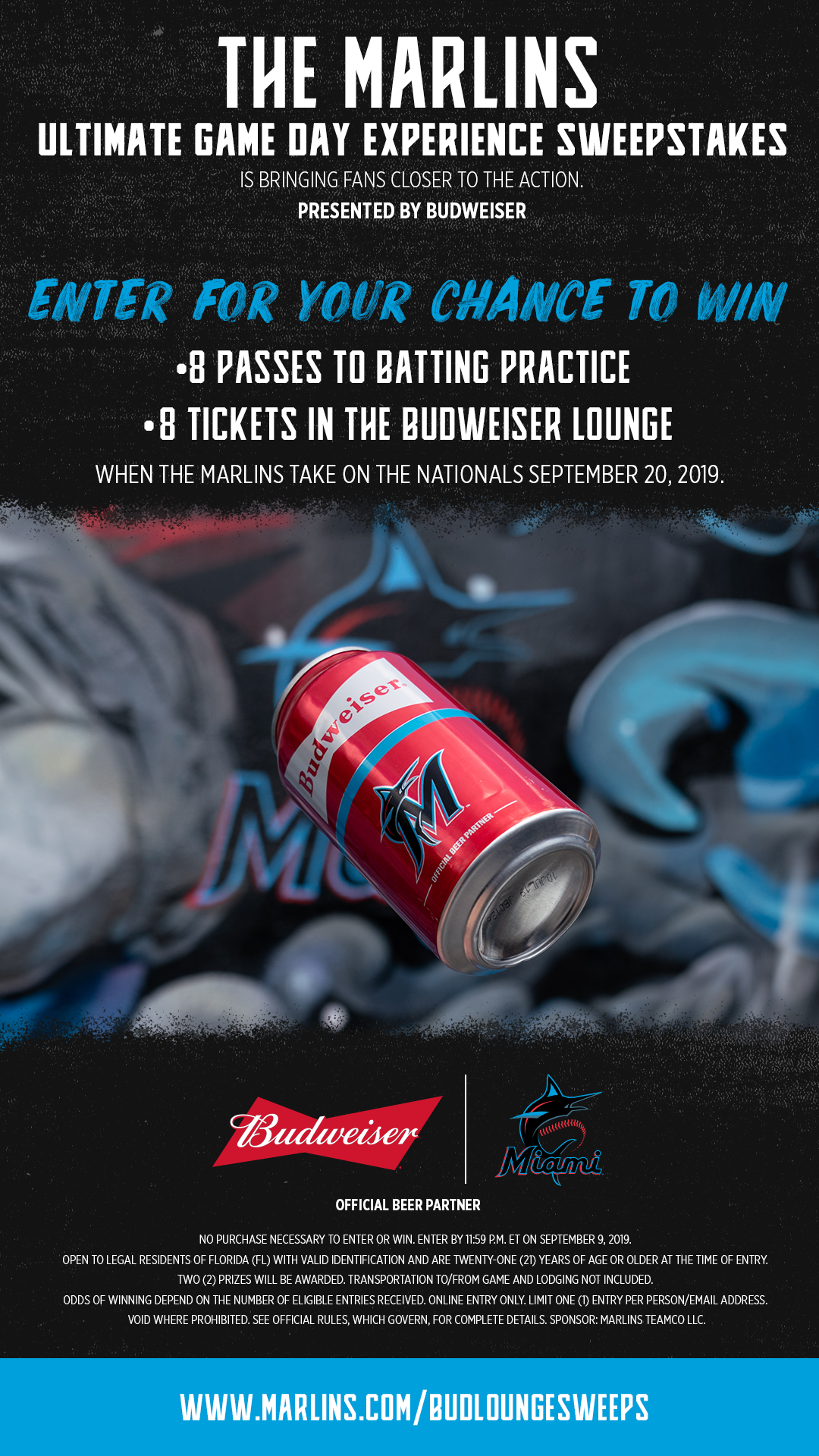 A promotional poster for the Miami Marlins' game day experience sweepstakes. The poster features a red Budweiser beer can with the Marlins' logo falling in front of a dark background with baseball and sports-themed graphics. The text invites fans to 