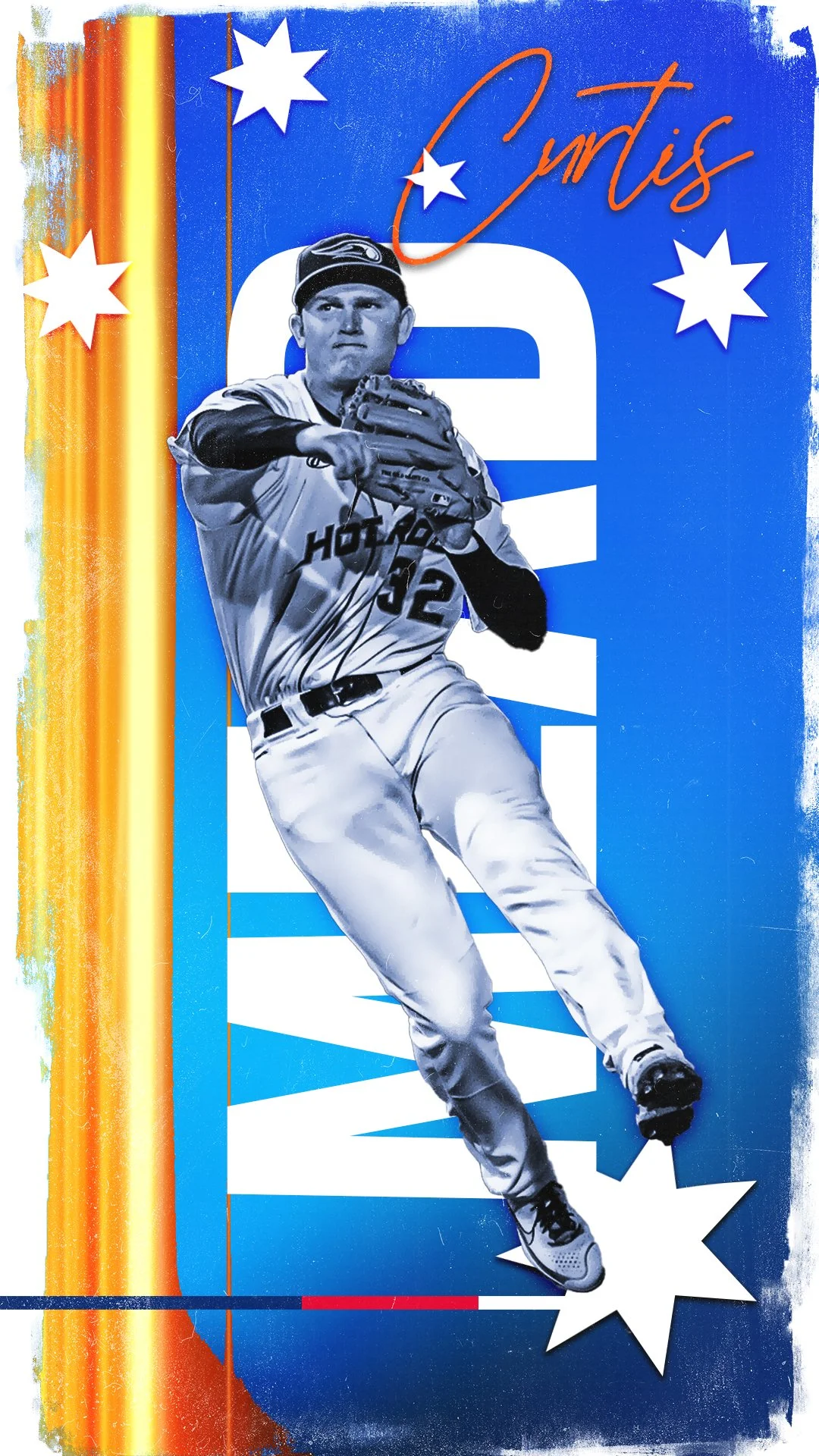 Artistic poster featuring a baseball player in a Seattle Mariners uniform and cap, with a blue background and stars, and the word 'Curtis' written in orange script.