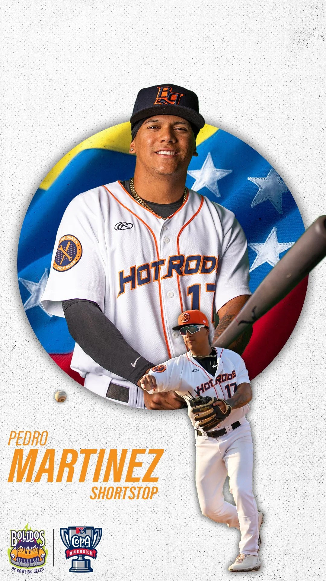 Photograph of Pedro Martinez in a baseball uniform, holding a bat, with a colorful background featuring stars and a flag, and text indicating he is a shortstop for the Hot Rods team.