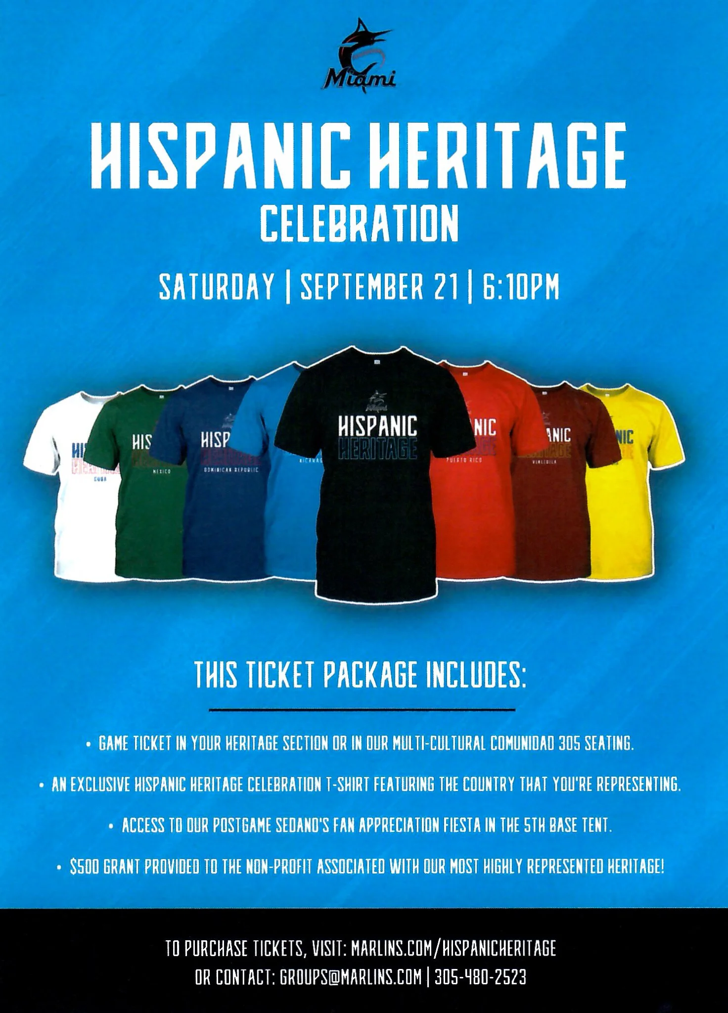 Flyer for Hispanic Heritage Celebration on September 21 at 6:10pm featuring various colored T-shirts with Hispanic Heritage text.