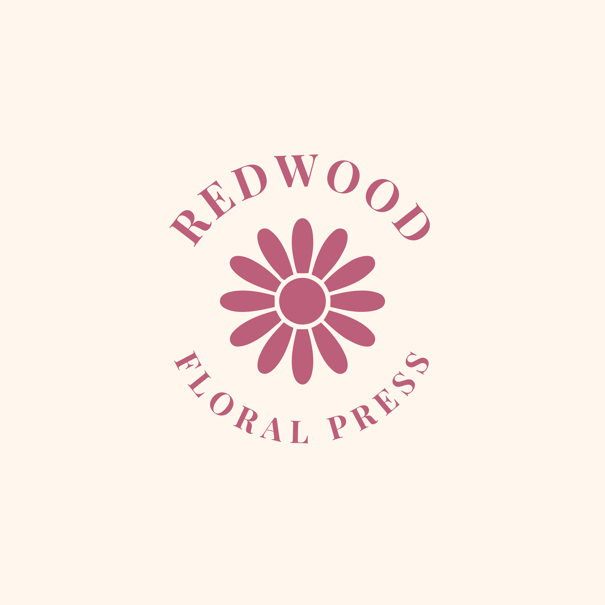 circular Redwood Floral Press logo with red flower in the centre