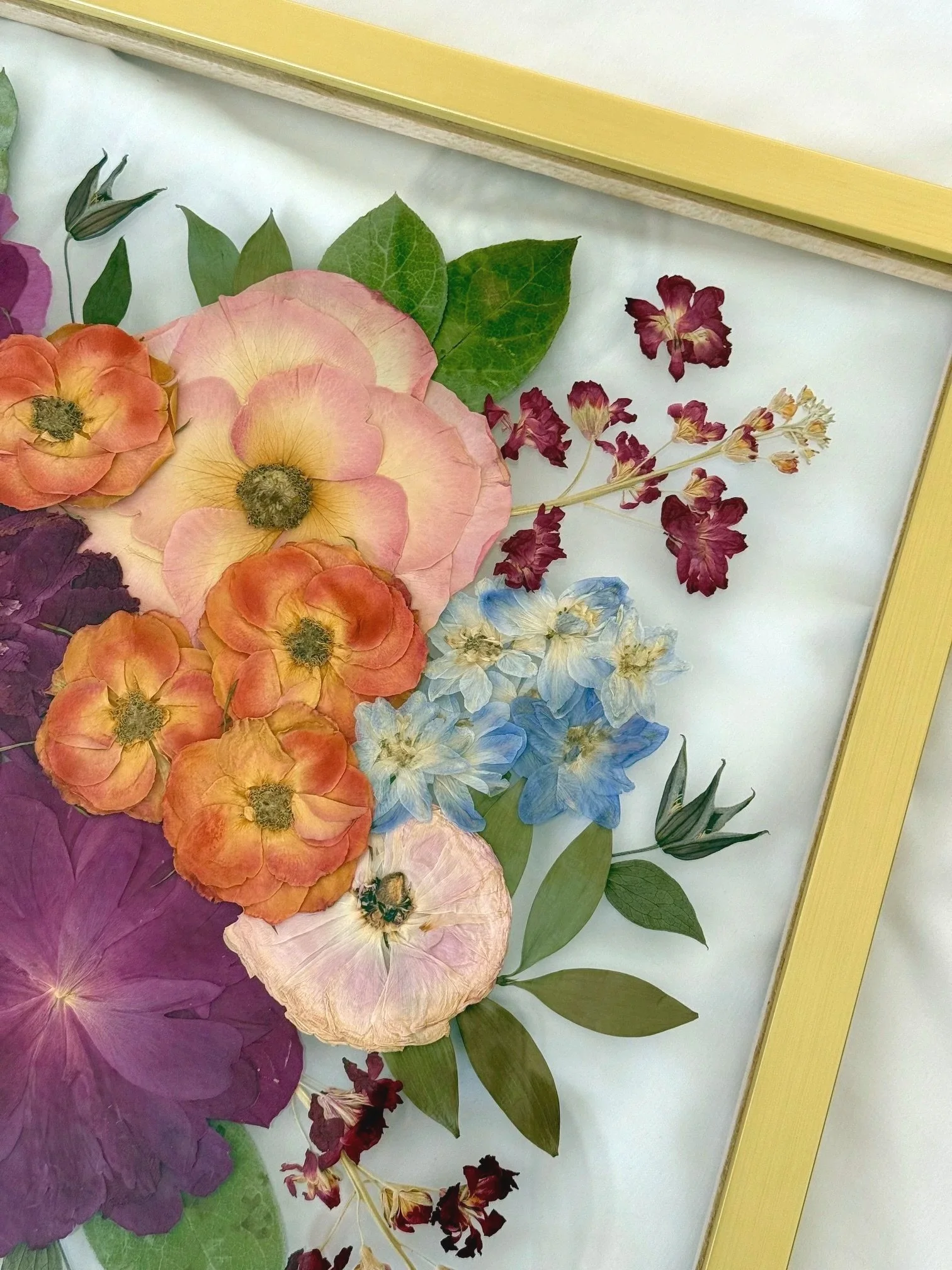 Pressed Flower Frame with pink, orange, blue and purple