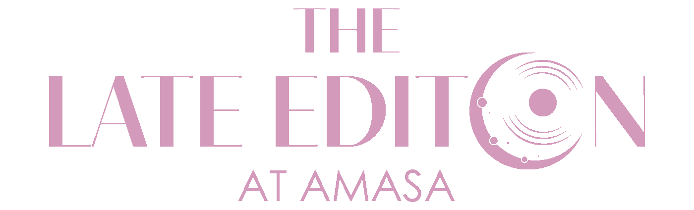 The Late Edition at Amasa logo, with a vinyl record forming the O