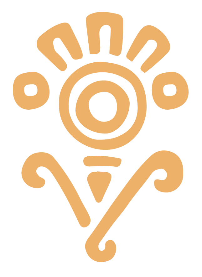 Abstract beige and black tribal-style design with symmetrical geometric shapes and curved lines.