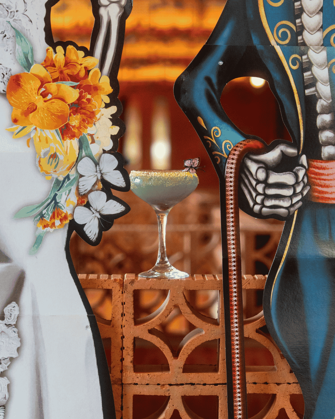 Day of the Dead Cantina cocktail with papel picado decor at Amasa Mexican Kitchen