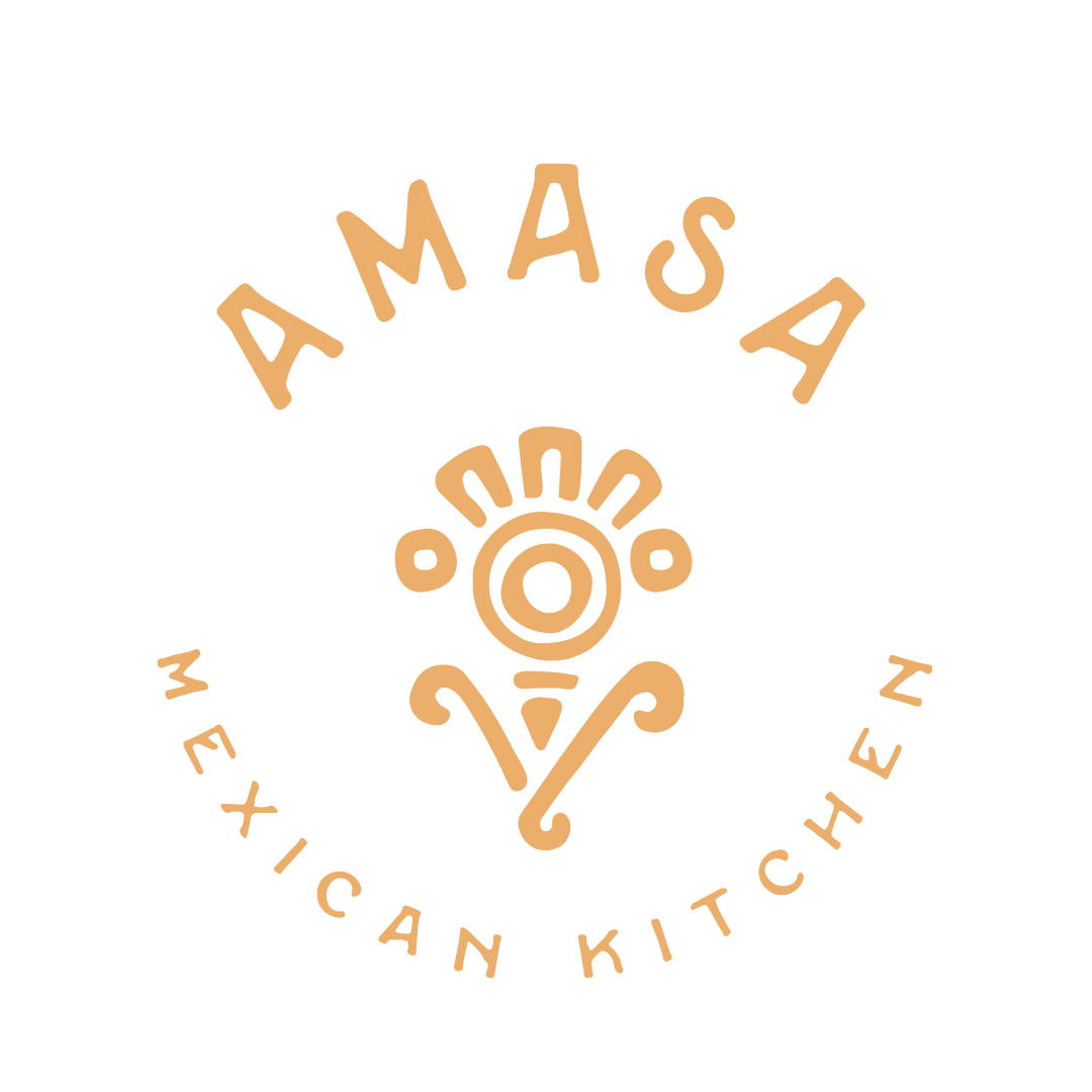 Logo for Amasa Mexican Kitchen featuring a stylized line drawing of a flower or plant in orange with the name 'AMASA' above and 'MEXICAN KITCHEN' below in orange on a black background.