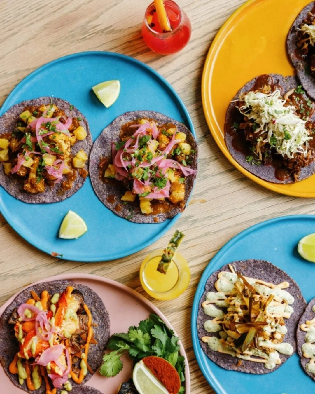 Gourmet taco spread on handmade blue corn tortillas at Amasa Mexican Kitchen