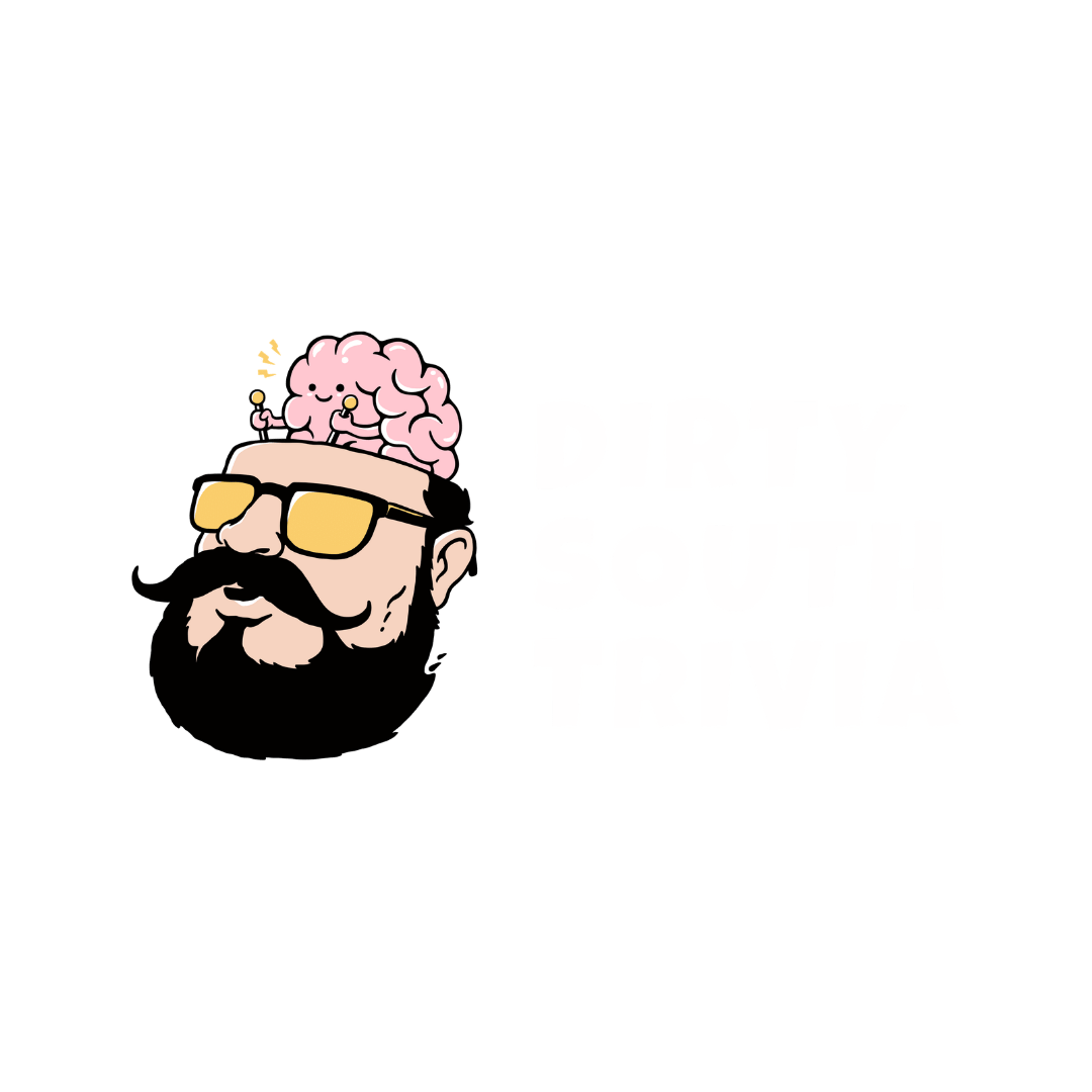 Logo for Dirty South Trivia featuring a cartoon man with a beard, yellow sunglasses, and a brain with a smiley face on top, with the words "Dirty South Trivia" in bold white letters.