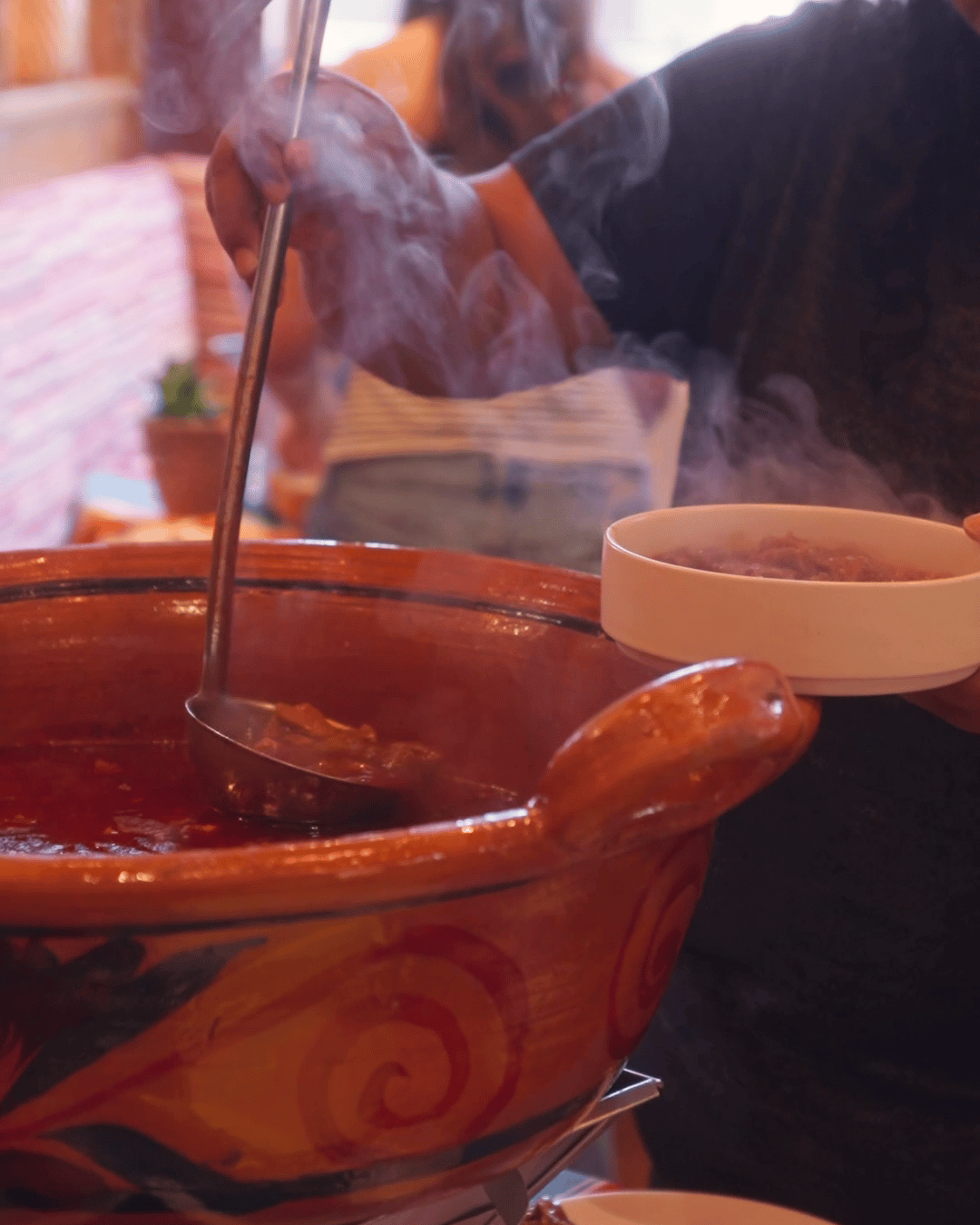 Soup served from a decorative bowl at the Sunday Mexican brunch buffet at Amasa Mexican Kitchen