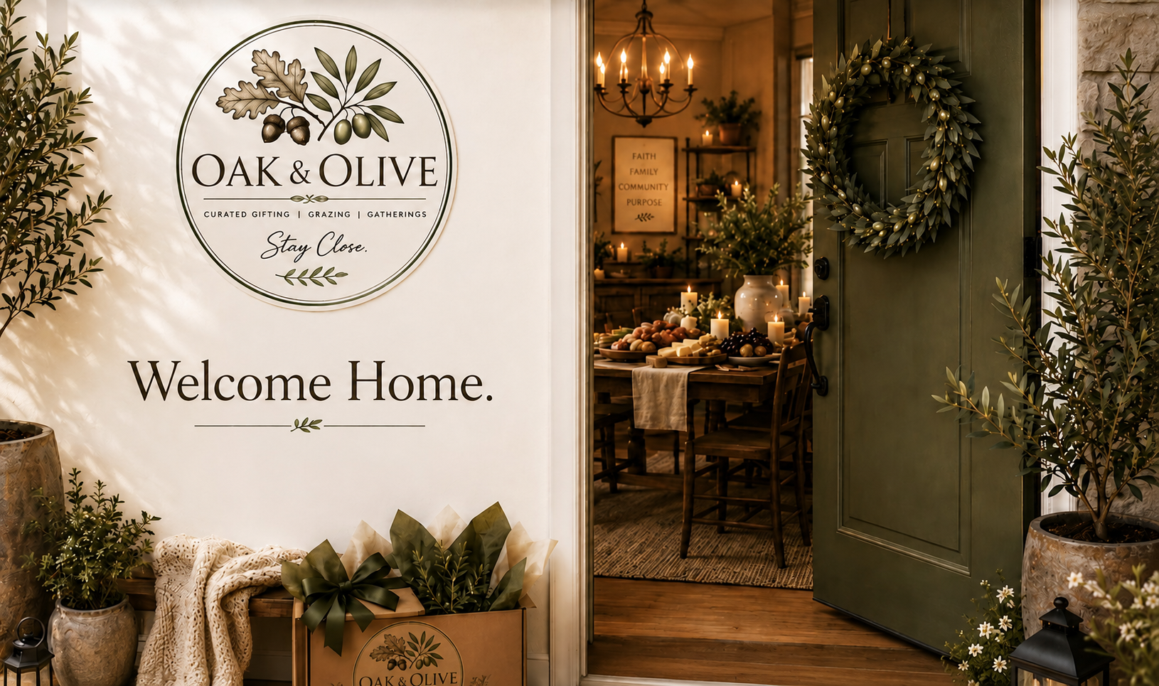 Welcome Page

Oak & Olive front door welcoming guests into a warm modern farmhouse filled with handcrafted grazing and curated gifts.