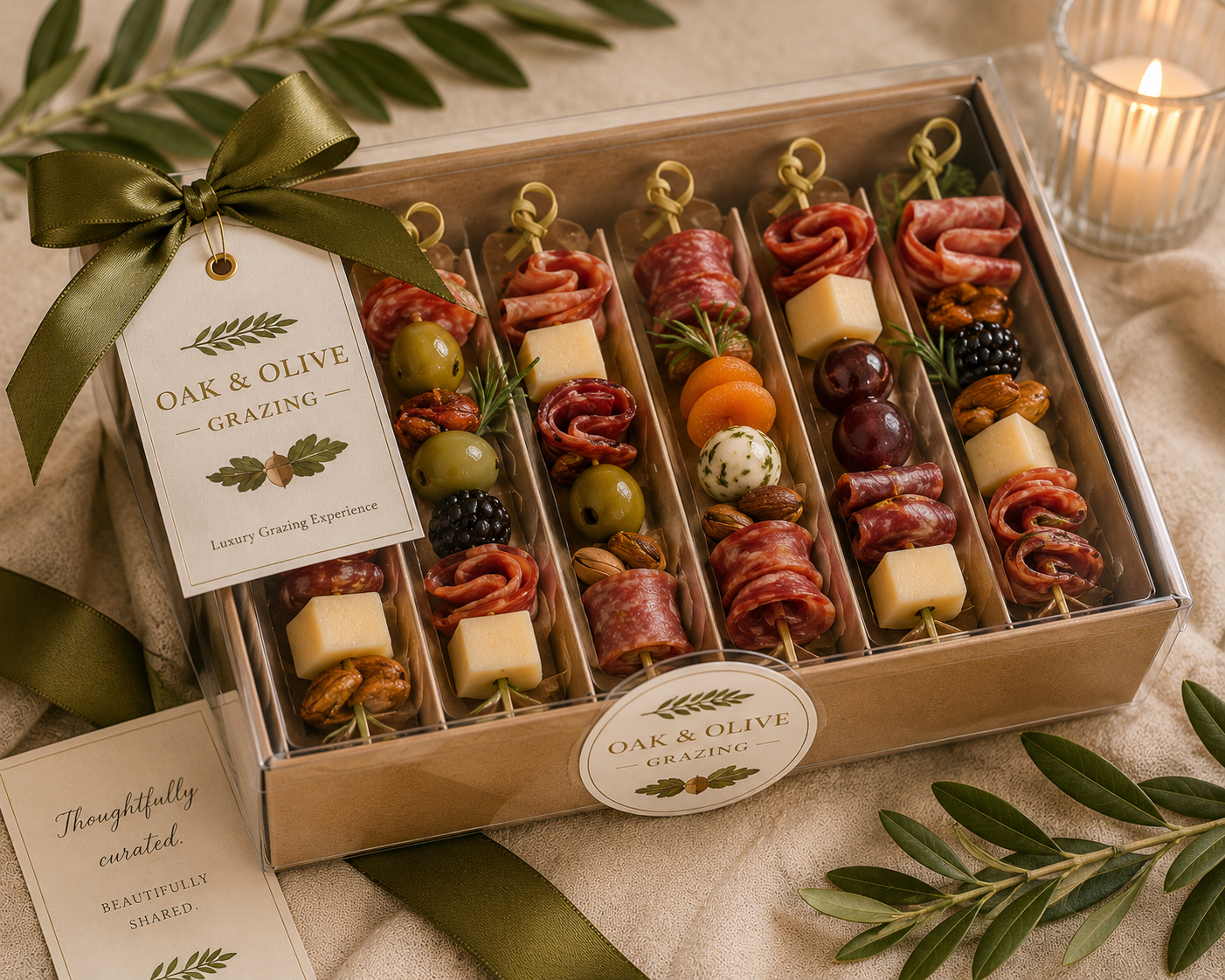 A box of assorted premium meat, cheese, and fruit skewers with grapes, nuts, and herbs, branded with 'Oak & Olive Grazing' for a luxury grazing experience, decorated with green leaves and a candle.