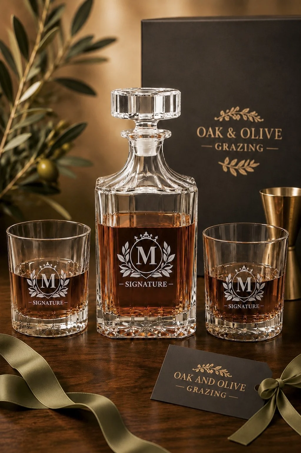 A crystal decanter and two glasses filled with a brown liquid, labeled with a monogram 'M' and the word 'Signature.' In the background, a black box with gold lettering 'Oak & Olive Grazing,' a gold cup, a card with the same logo, and gold and green decorative elements.