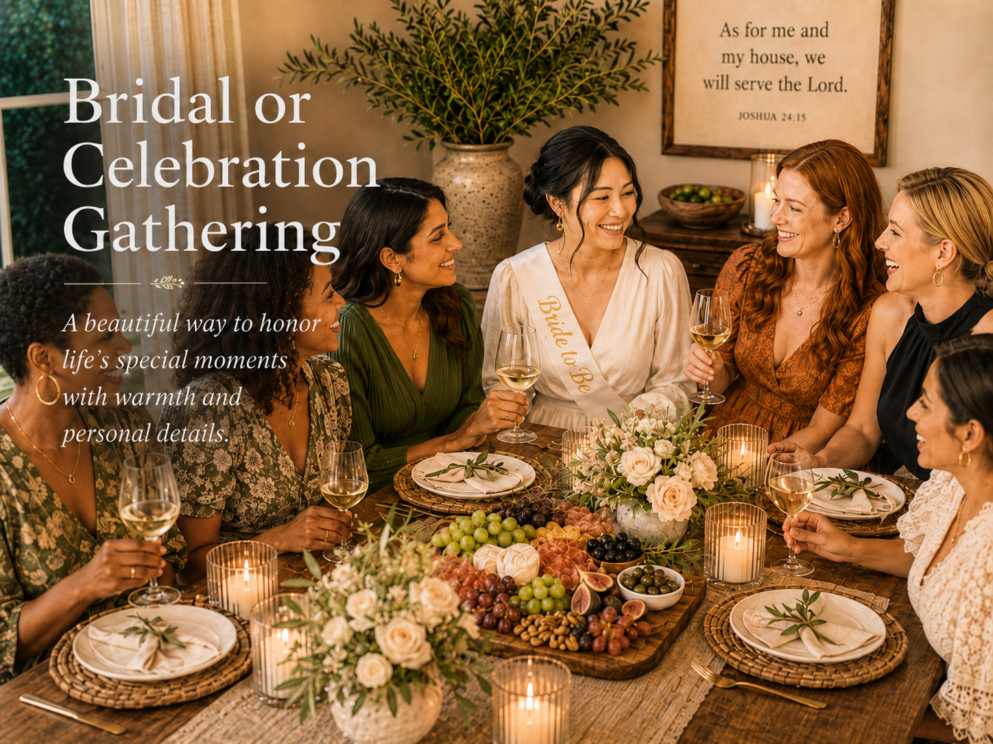 A diverse group of women gathered around a table celebrating a bridal shower or celebration, with floral arrangements, candles, and an abundance of fruit. One woman wears a sash that says 'Bride to Be,' smiling and holding a glass of white wine, surrounded by friends in a warmly decorated room.