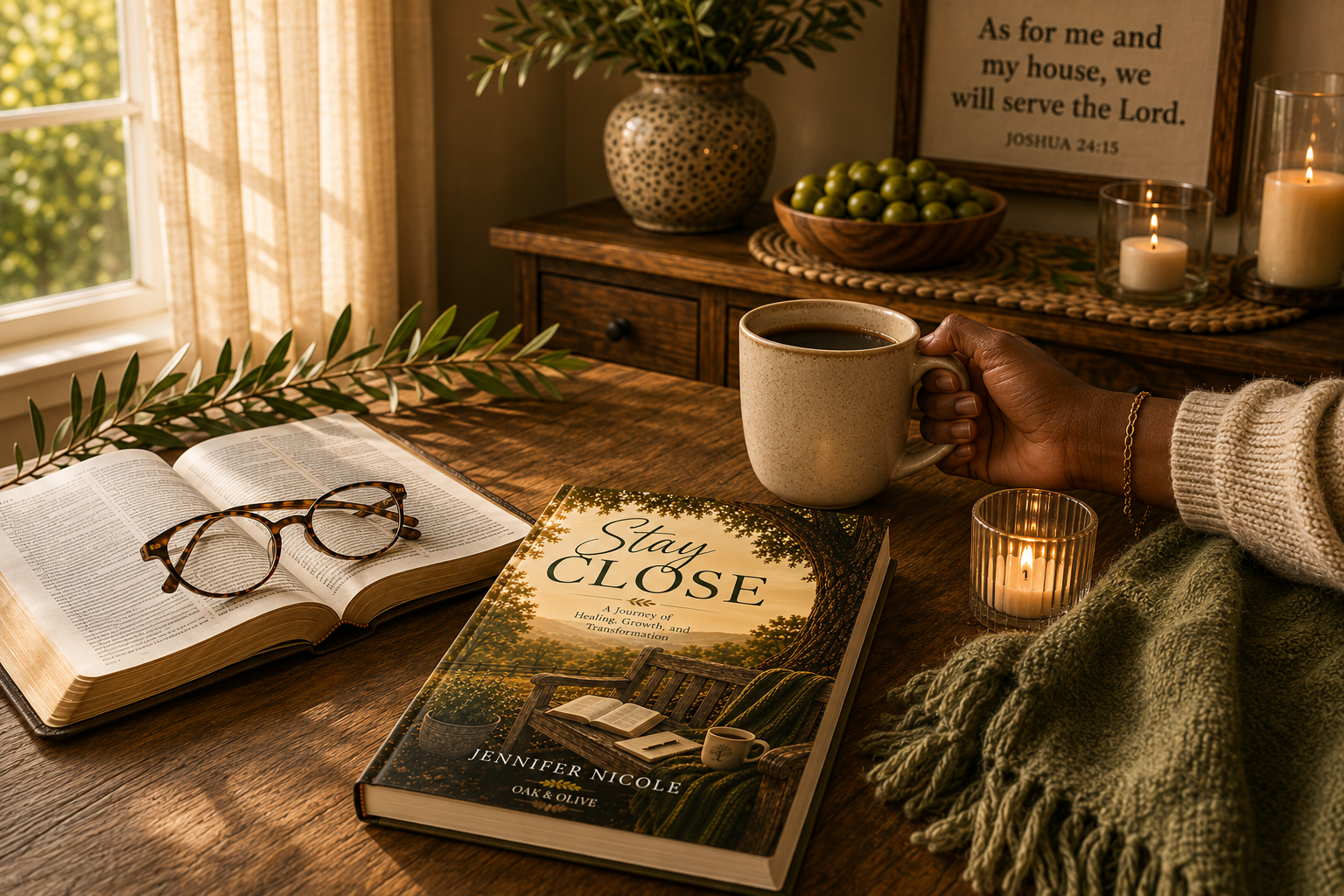 Cozy indoor scene with a wooden table holding a glass of coffee, an open book with reading glasses, a book titled 'Stay Close' by Jennifer Nicole, a green scarf, and a leaf. In the background, a wooden sideboard with a ceramic vase with greenery, a bowl of green apples, and a framed quote about serving the Lord, with candlelit decor nearby.