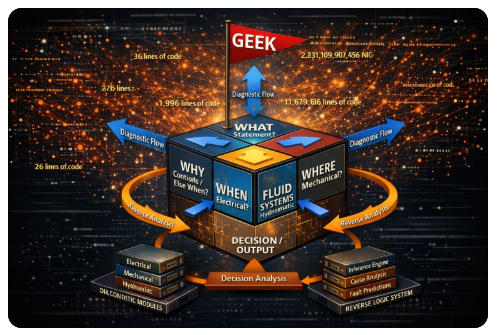 A diagram illustrating the relationship between code, diagnostic flow, and decision output in a system, with elements for WHY, WHAT, WHERE, WHEN, and FLUID SYSTEMS, connected with arrows and labeled with lines of code, reverse analysis, and decision analysis.