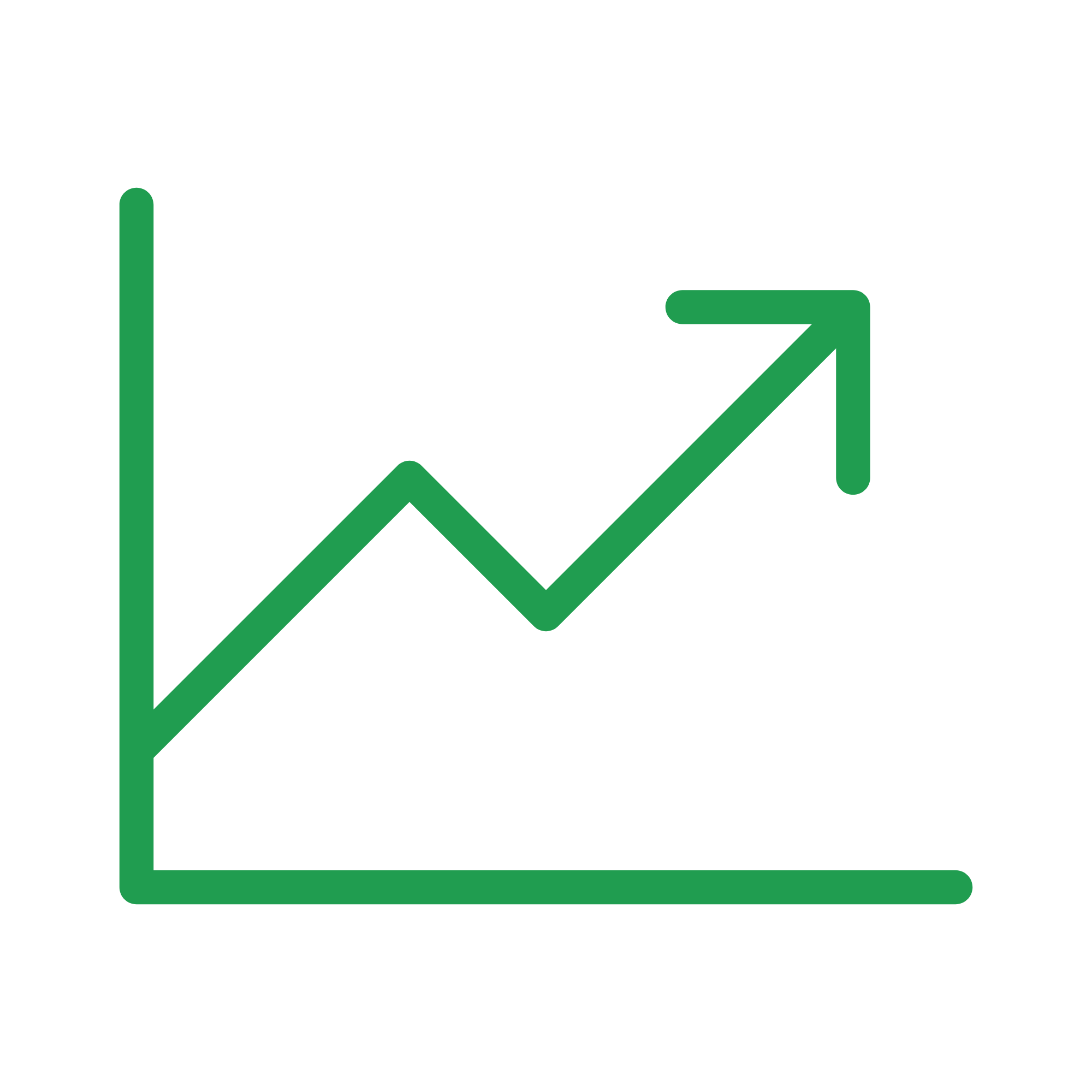 Green line graph with an upward arrow indicating growth or increase.
