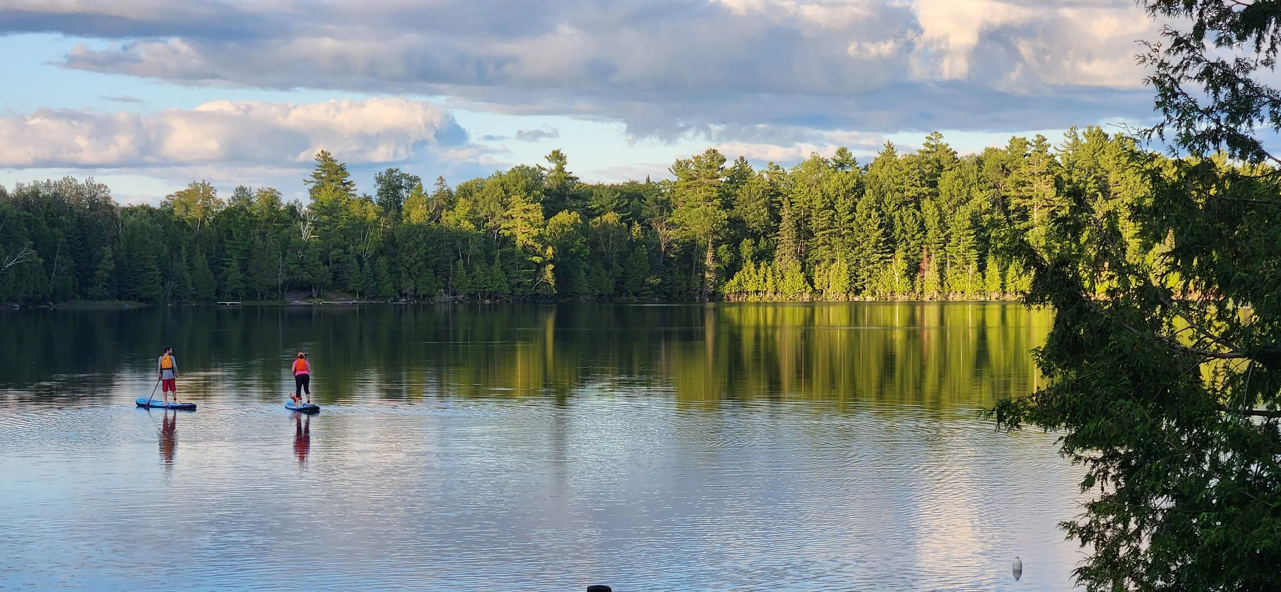 Two people stand on paddleboards in a calm lake with a forested shoreline and partly cloudy sky in the background.