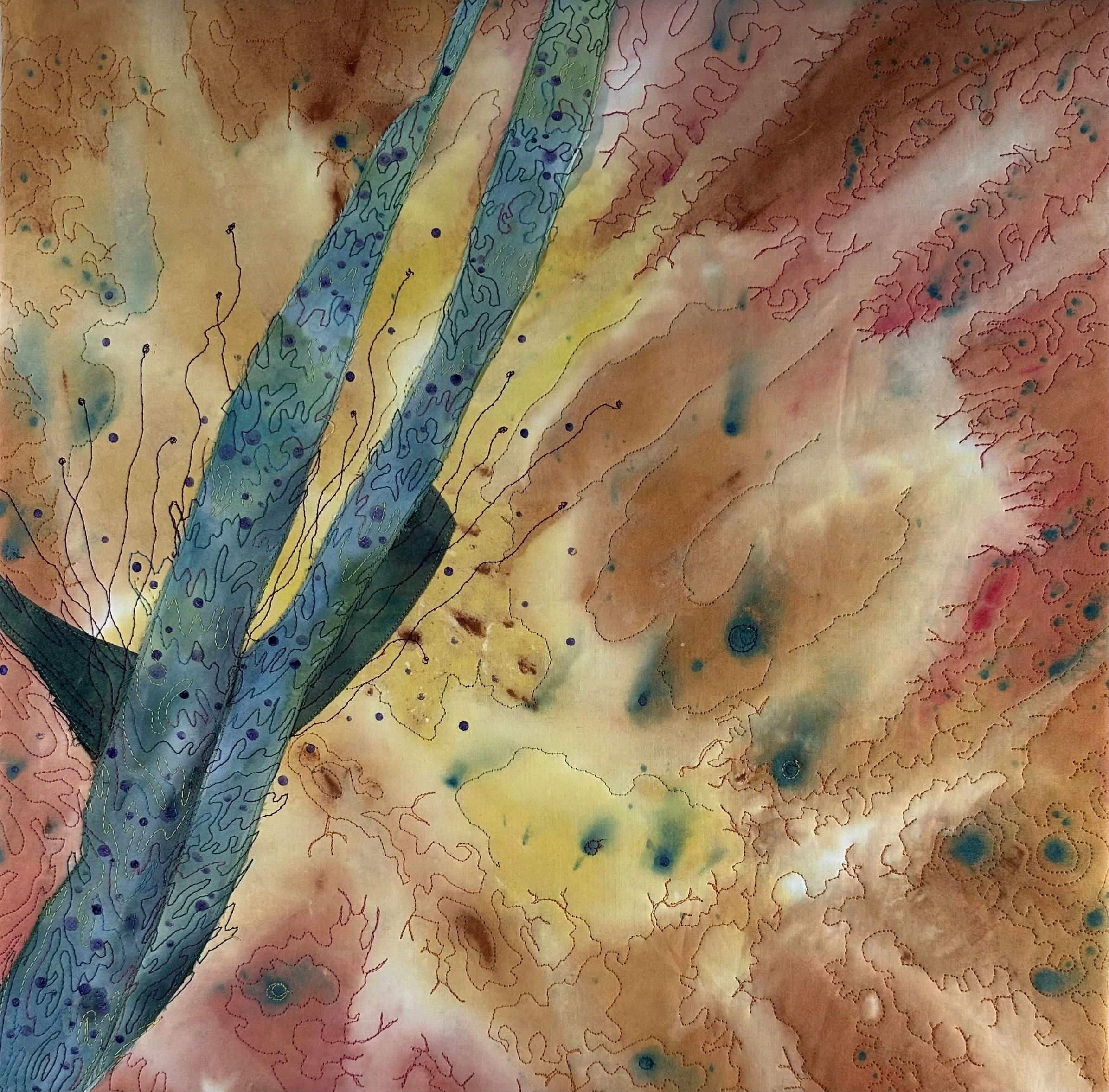A colorful, abstract fiber art  painting with flowing lines, small dots, and intricate patterns in shades of yellow, pink, blue, green, and purple.