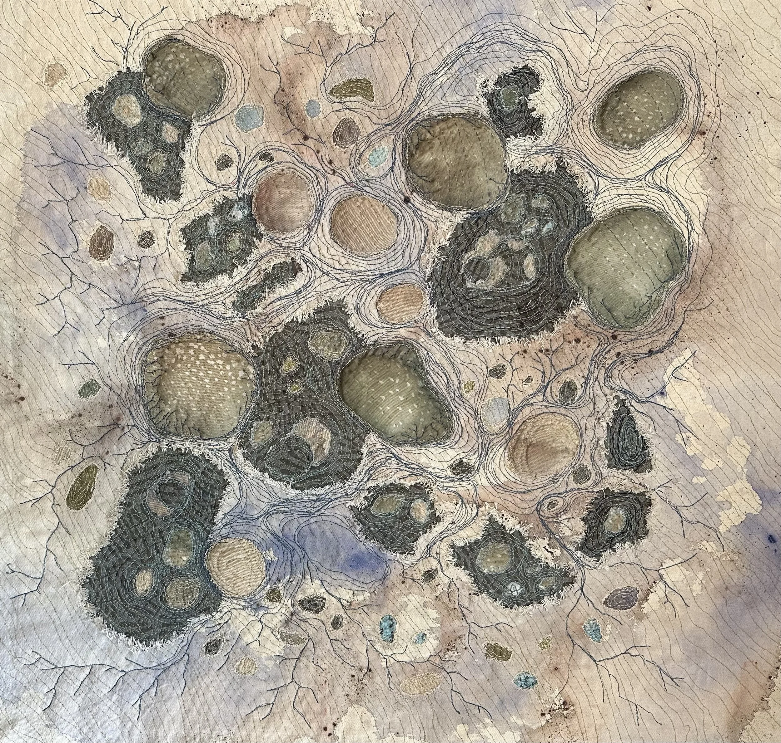 Contemporary fiber art painting exploring how layers that are added and subtracted form a map of a memory.