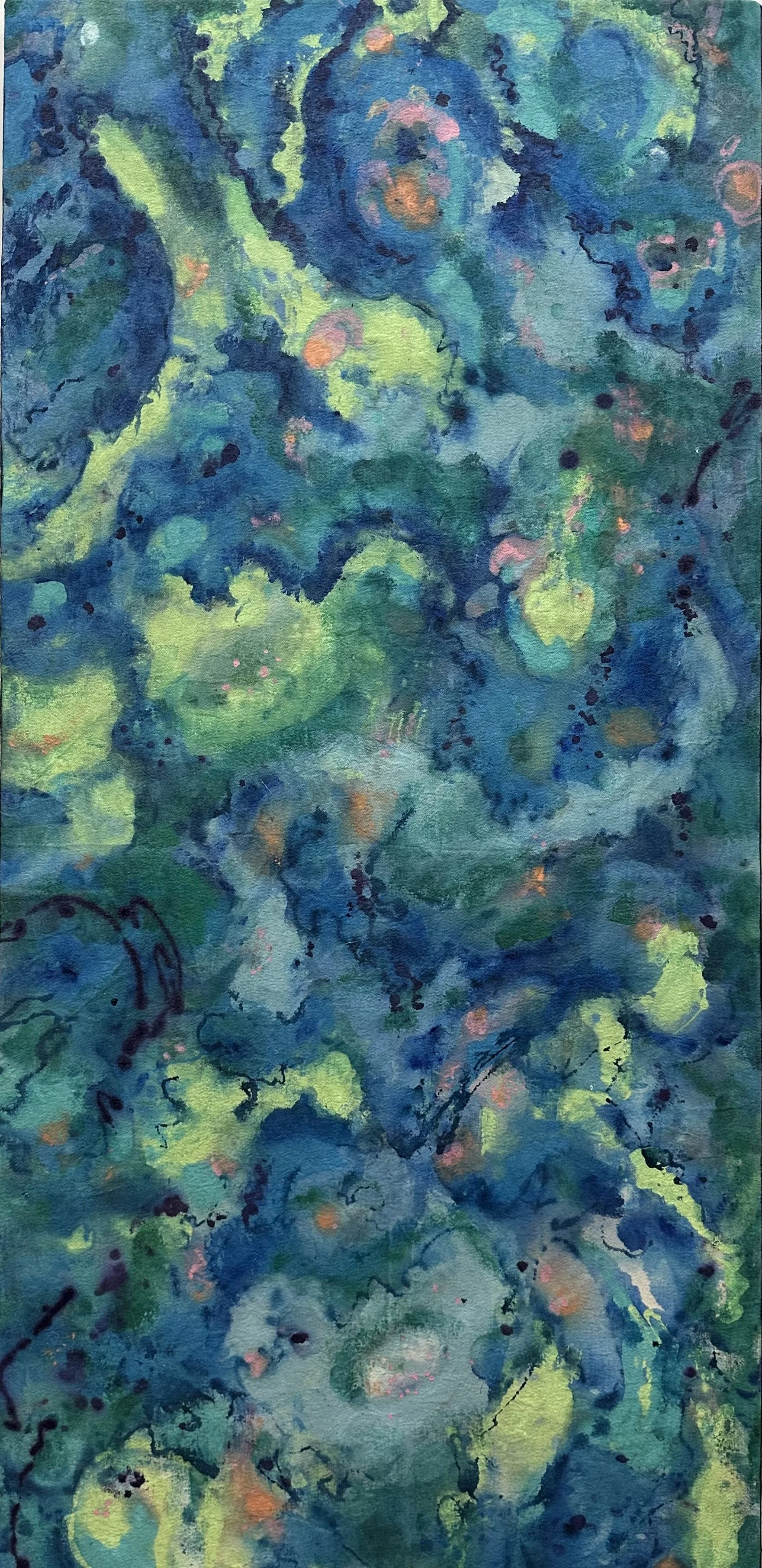 An abstract watercolor painting with shades of blue, green, and hints of pink, featuring splashes, drips, and swirls.