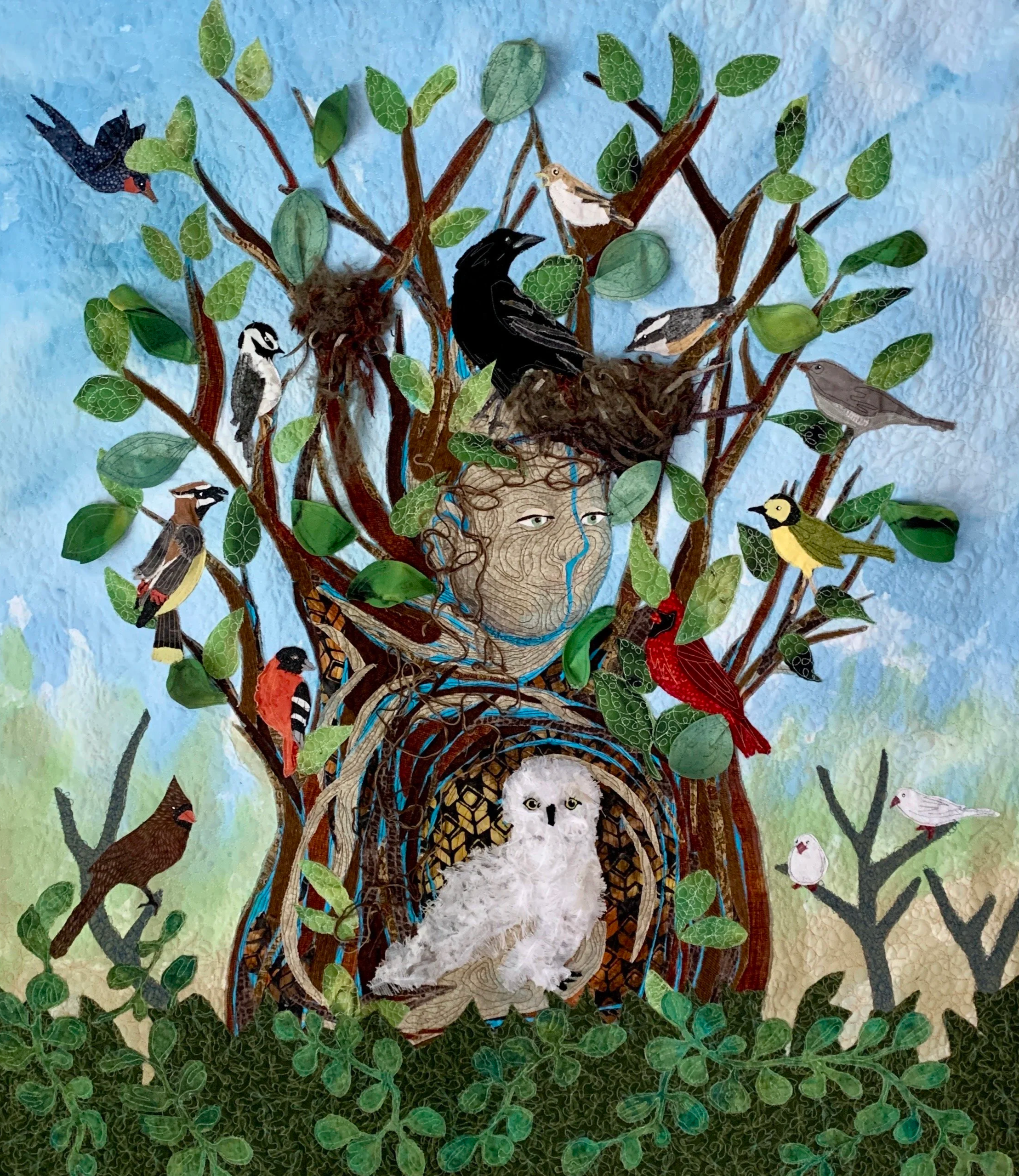 A collage artwork of a tree with various birds, a face of a lion, and leaves, against a textured blue sky background.