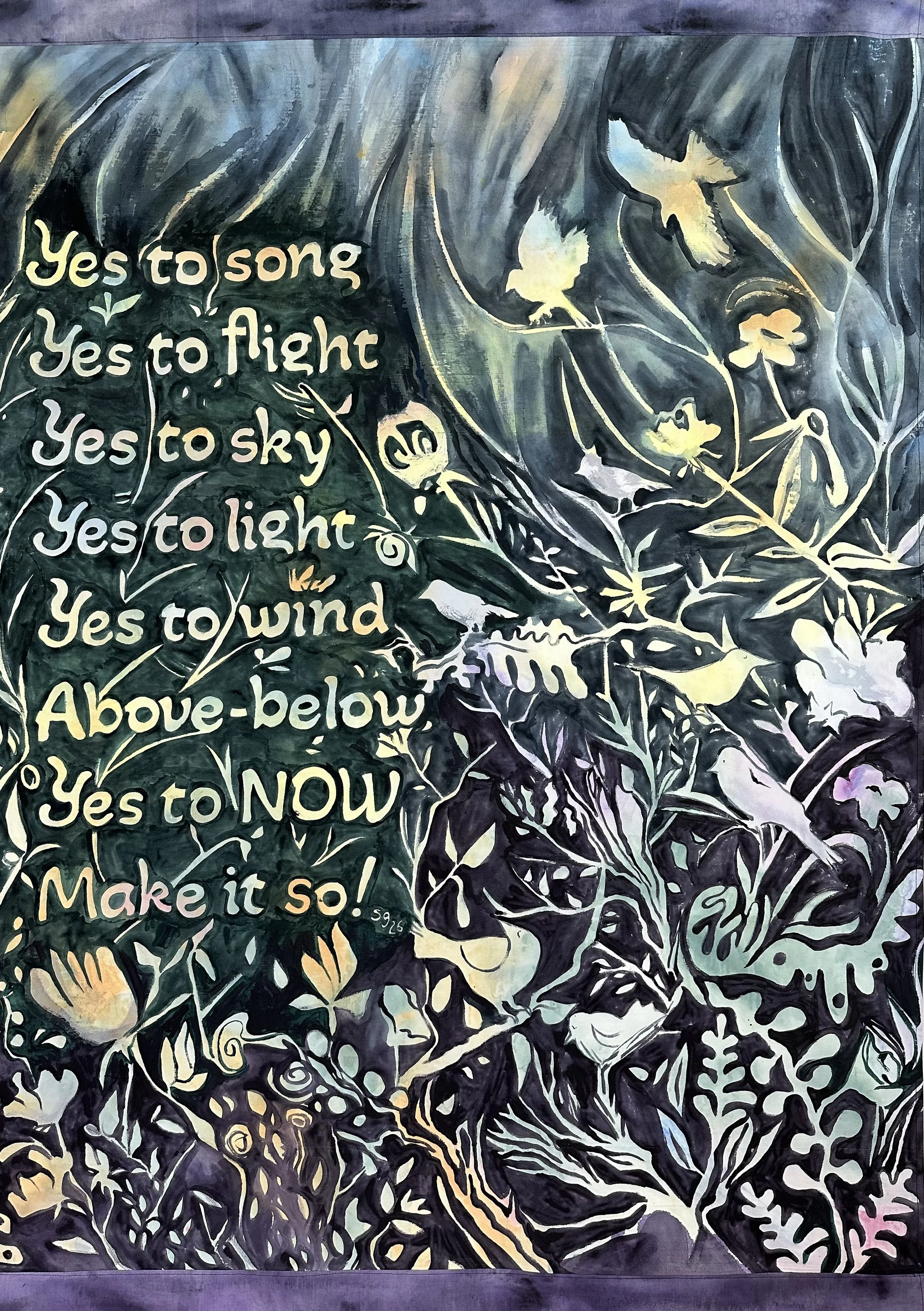 A painting on fabric of birds, wind and plants with a positive poem message
