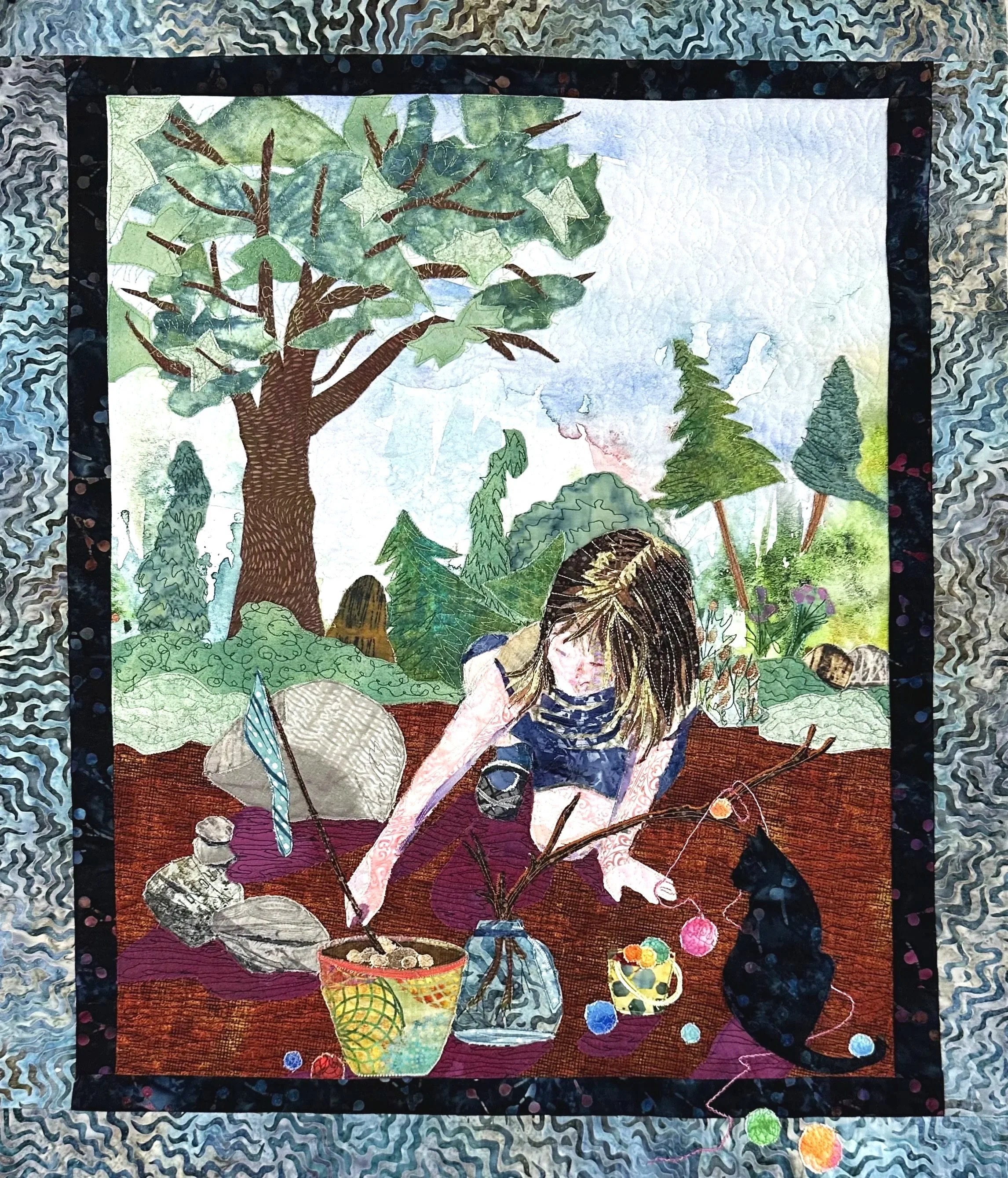 A detailed fiber art piece with a central scene of a girl creating something with twigs, string and an bucket while a cat watched her.
